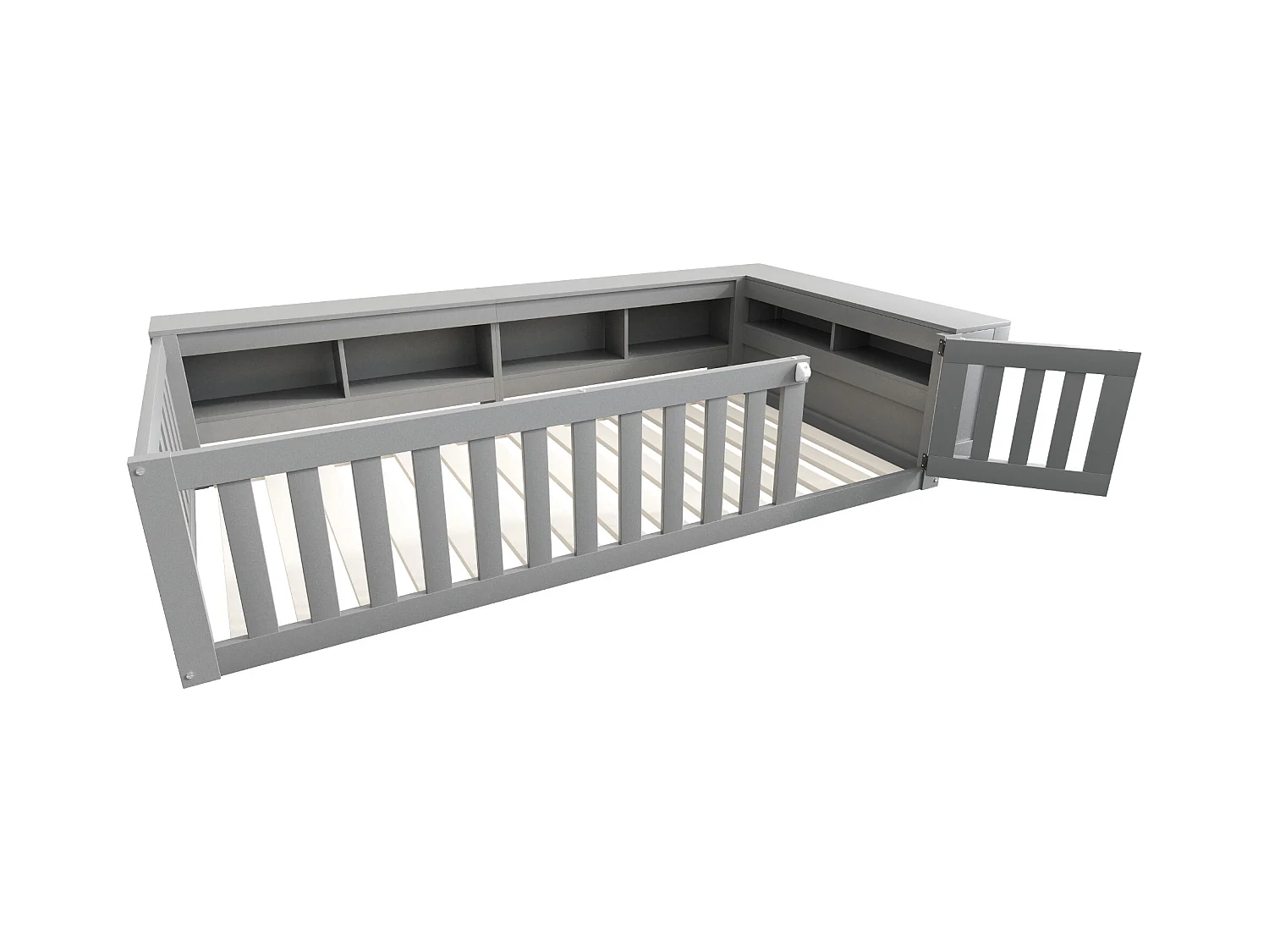 Lit enfant 90x200 cm avec compartiment de rangement, barrières de sécurité et porte, gris - sans matelas