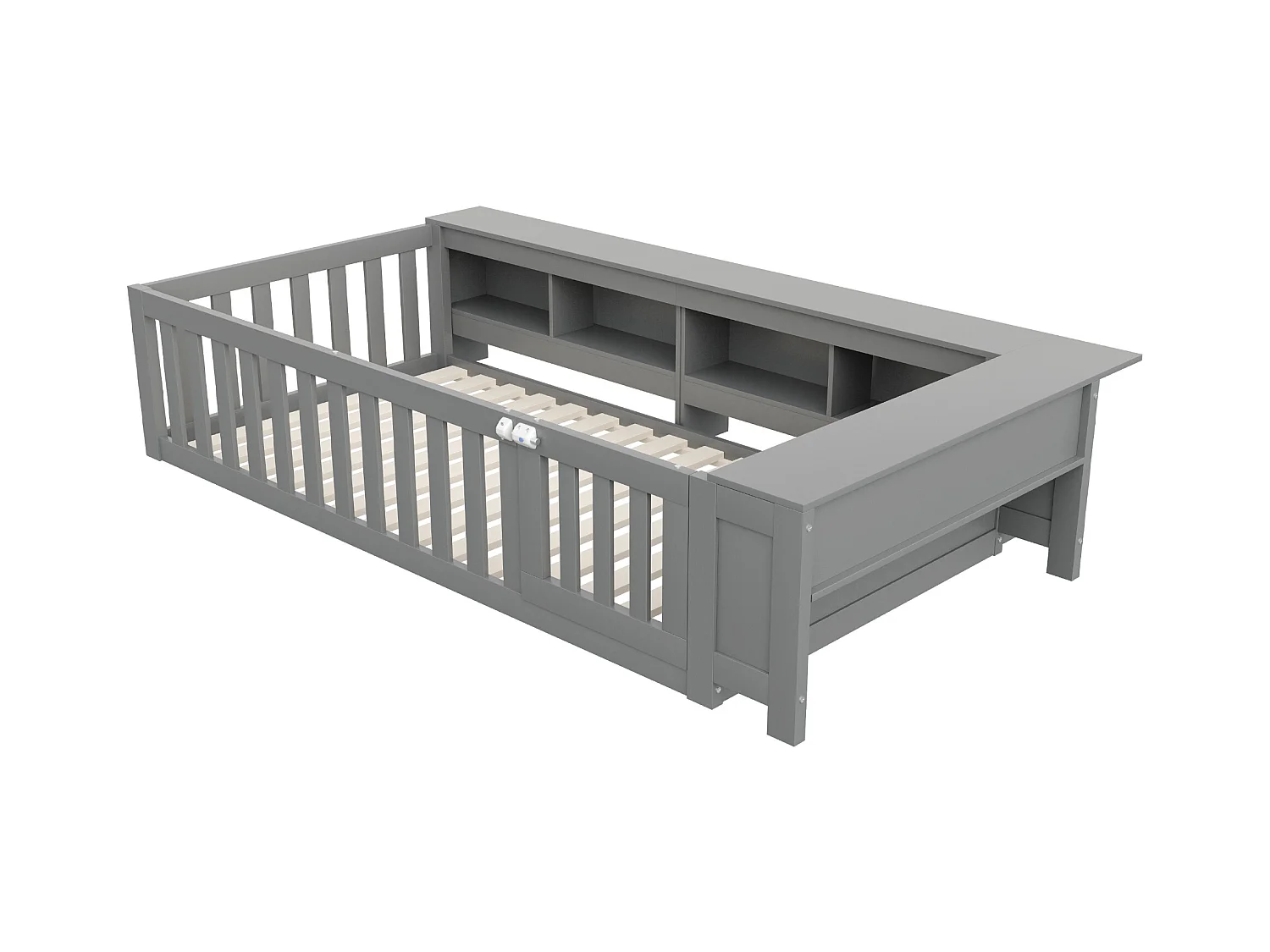 Lit enfant 90x200 cm avec compartiment de rangement, barrières de sécurité et porte, gris - sans matelas