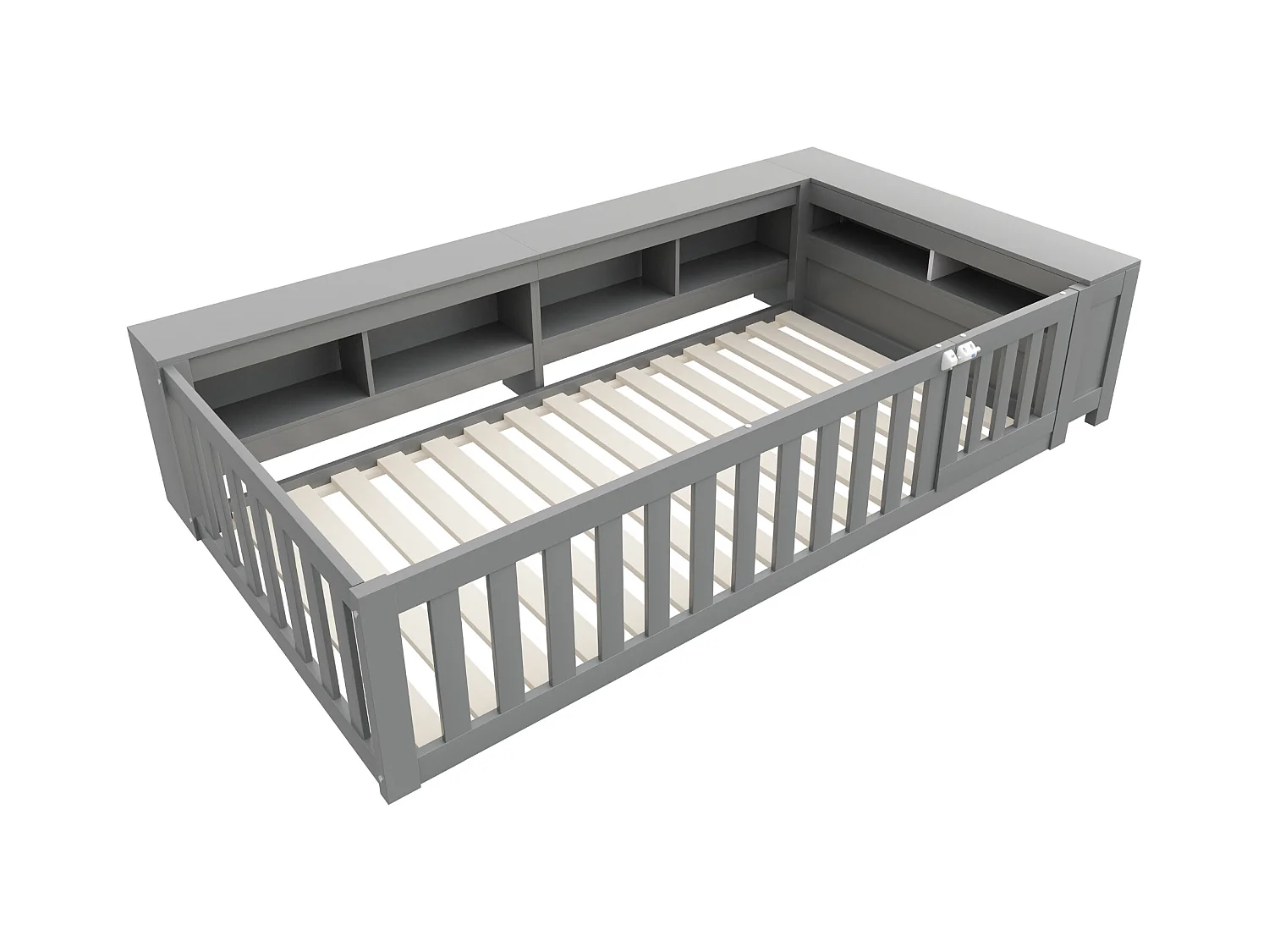 Lit enfant 90x200 cm avec compartiment de rangement, barrières de sécurité et porte, gris - sans matelas