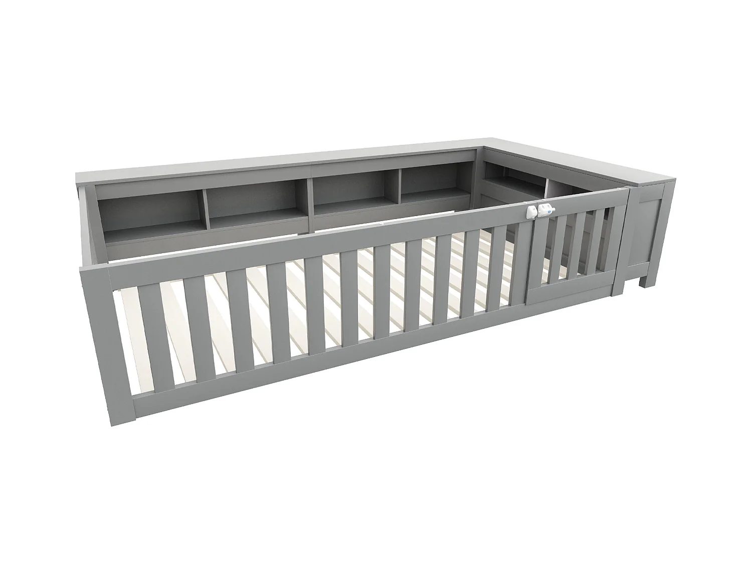 Lit enfant 90x200 cm avec compartiment de rangement, barrières de sécurité et porte, gris - sans matelas
