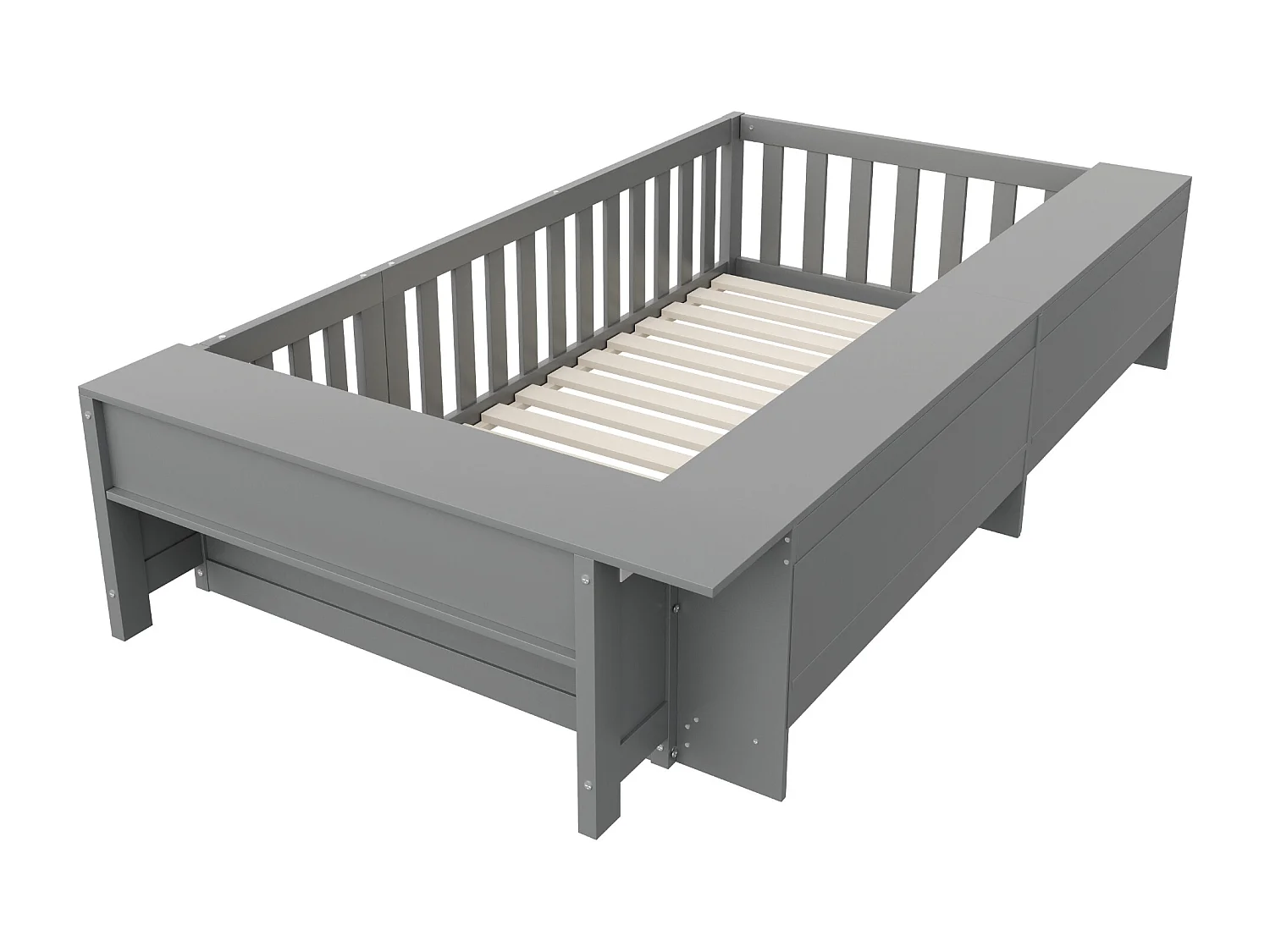 Lit enfant 90x200 cm avec compartiment de rangement, barrières de sécurité et porte, gris - sans matelas