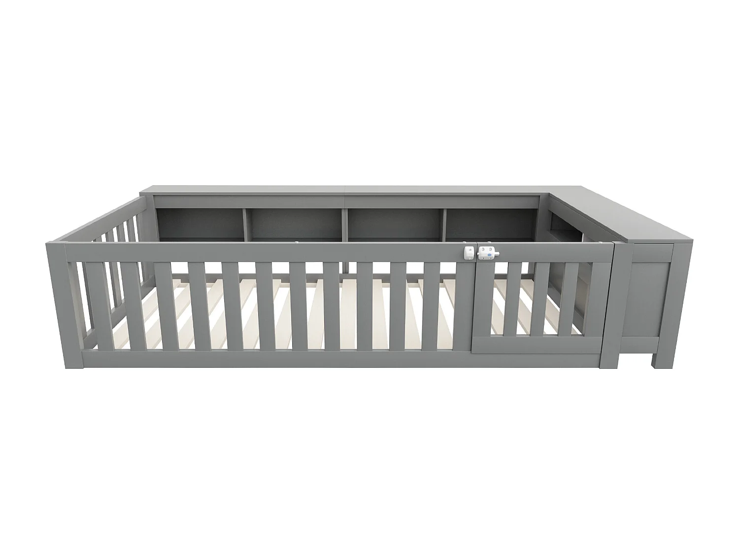 Lit enfant 90x200 cm avec compartiment de rangement, barrières de sécurité et porte, gris - sans matelas