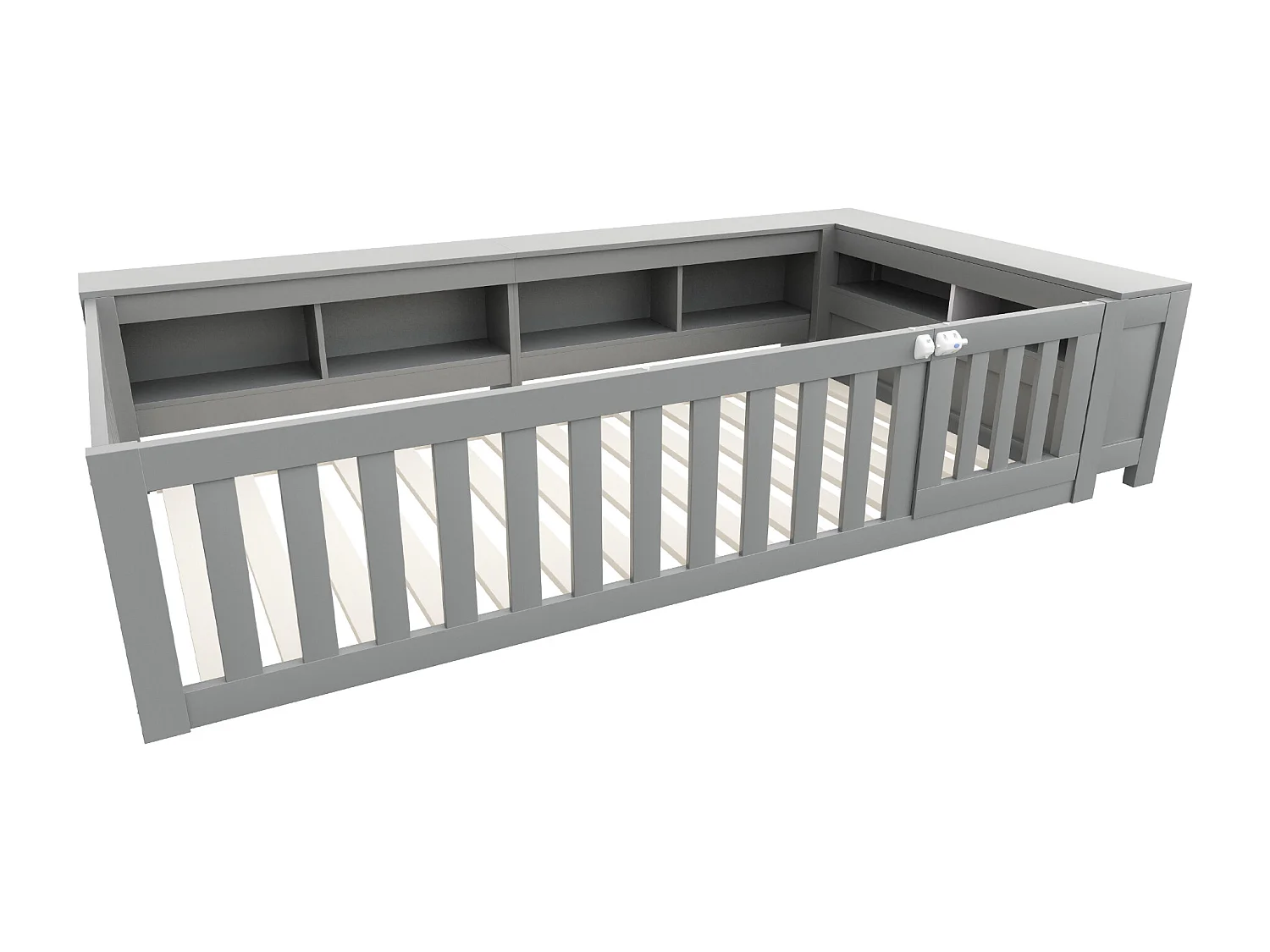 Lit enfant 90x200 cm avec compartiment de rangement, barrières de sécurité et porte, gris - sans matelas