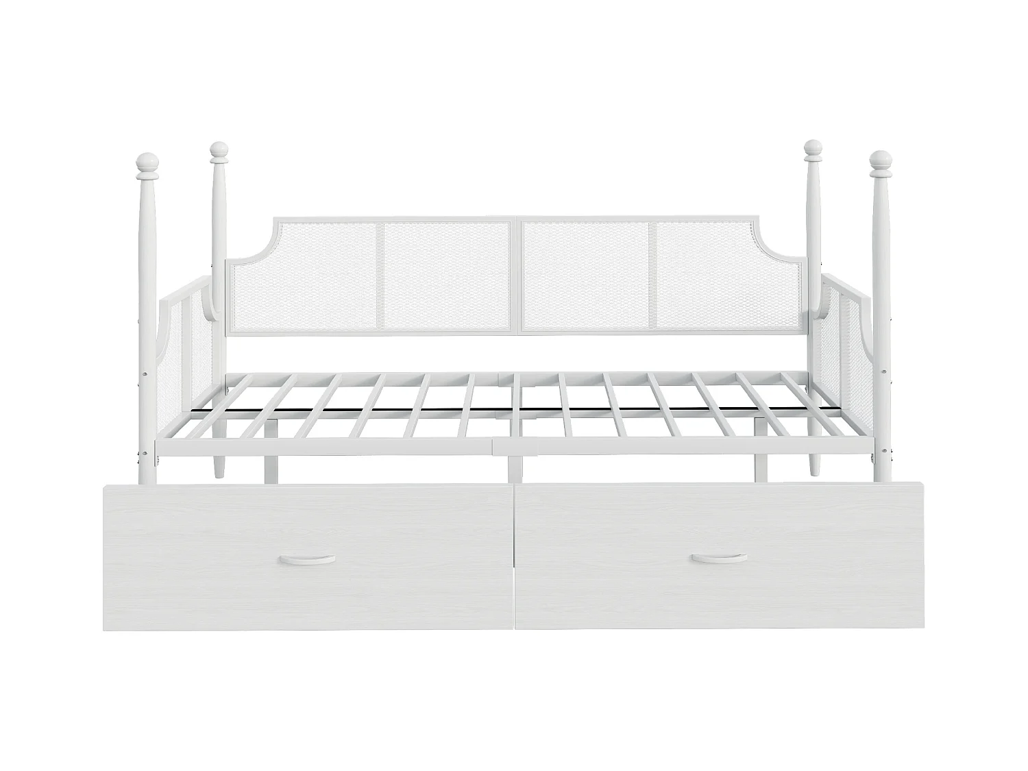 Biała, metalowa leżanka 90x200 cm z siatkowym oparciem i 2 szufladami – bez materaca