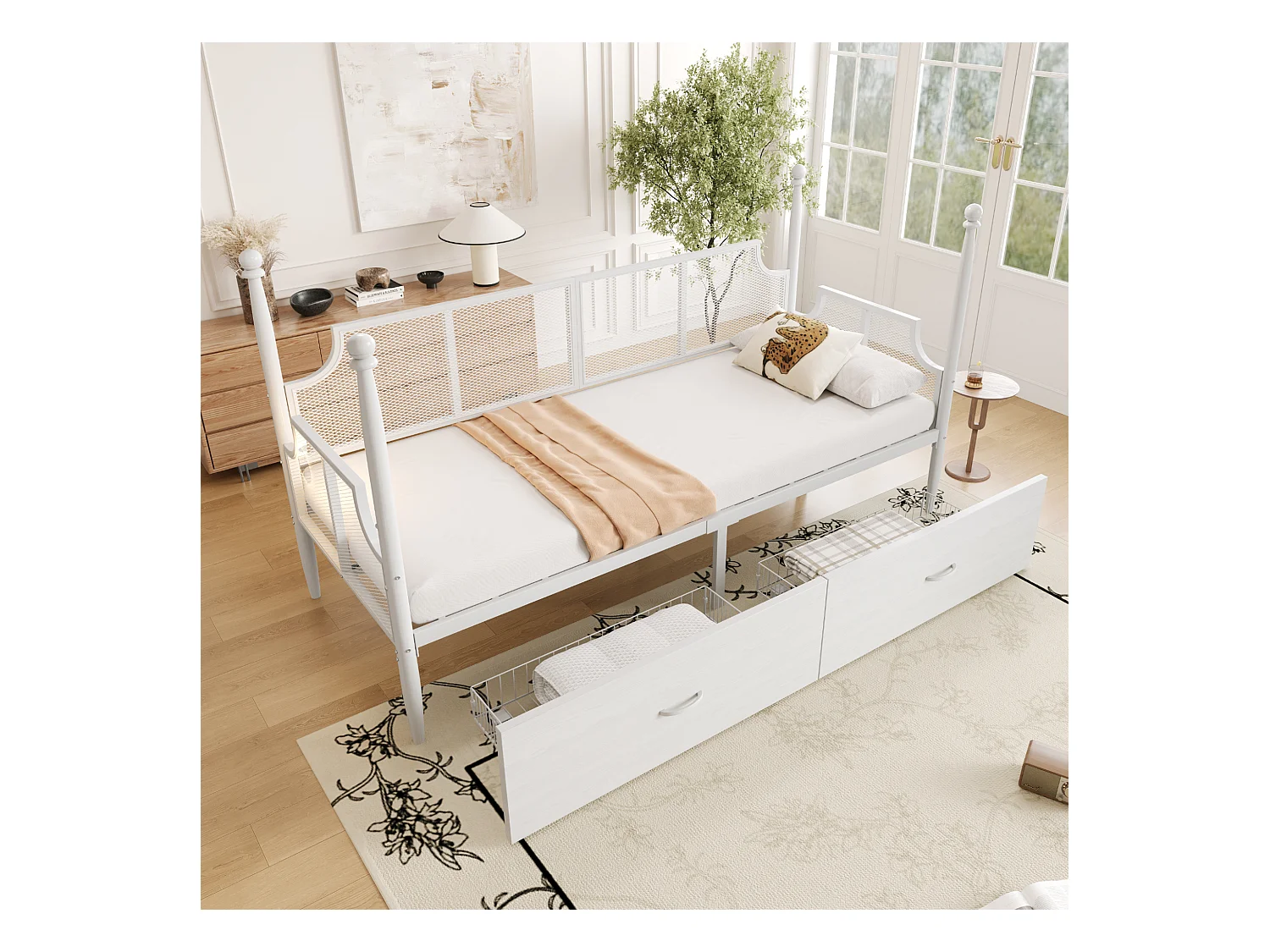 Lit banquette 90x200 cm en métal blanc, avec dossier grillagé et 2 tiroirs de rangement - sans matelas