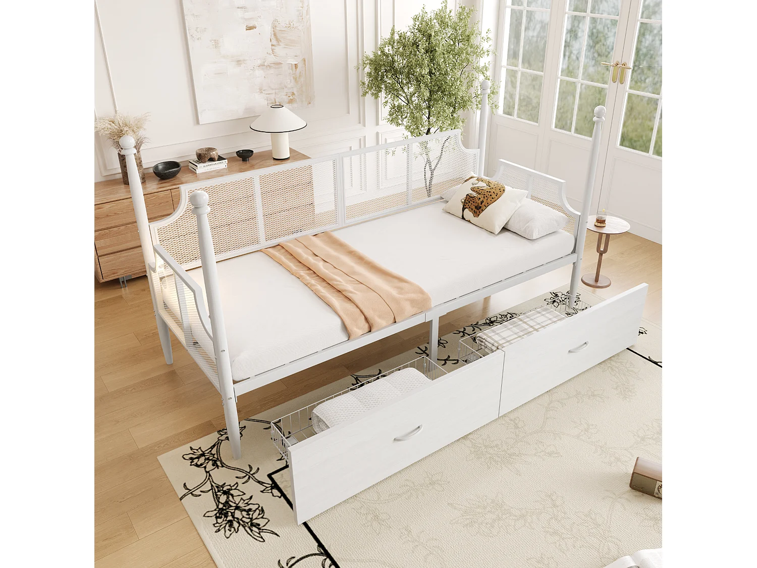 90 x 200 cm, weißes Metall-Tagesbett mit Netzrückenlehne und 2 Schubladen – ohne Matratze