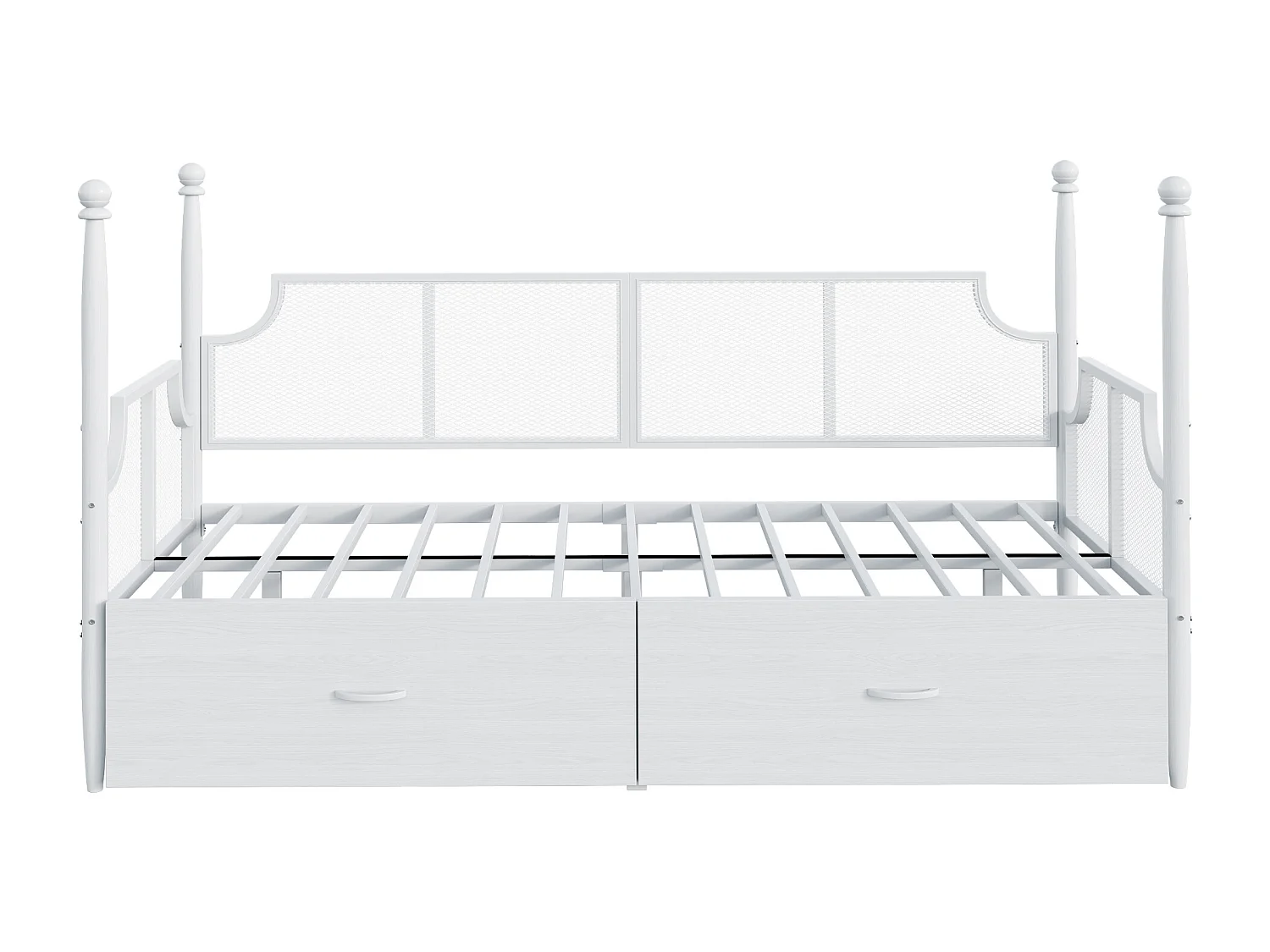 90 x 200 cm, weißes Metall-Tagesbett mit Netzrückenlehne und 2 Schubladen – ohne Matratze