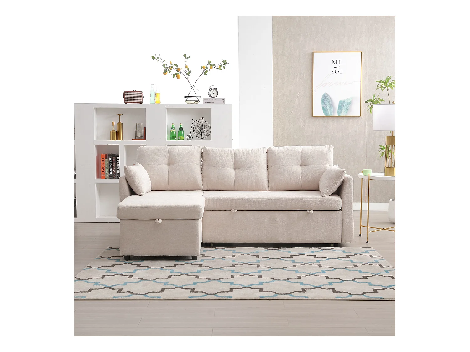 Canapé d'angle convertible avec rangement et méridienne gigogne, lin beige - pour salon ou studio