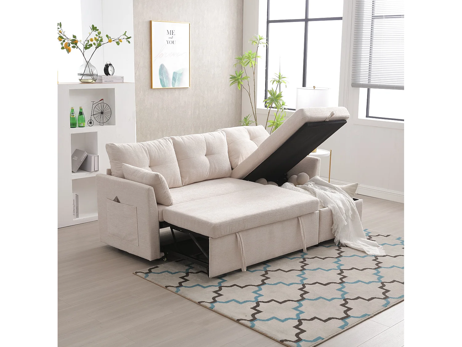 Canapé d'angle convertible avec rangement et méridienne gigogne, lin beige - pour salon ou studio