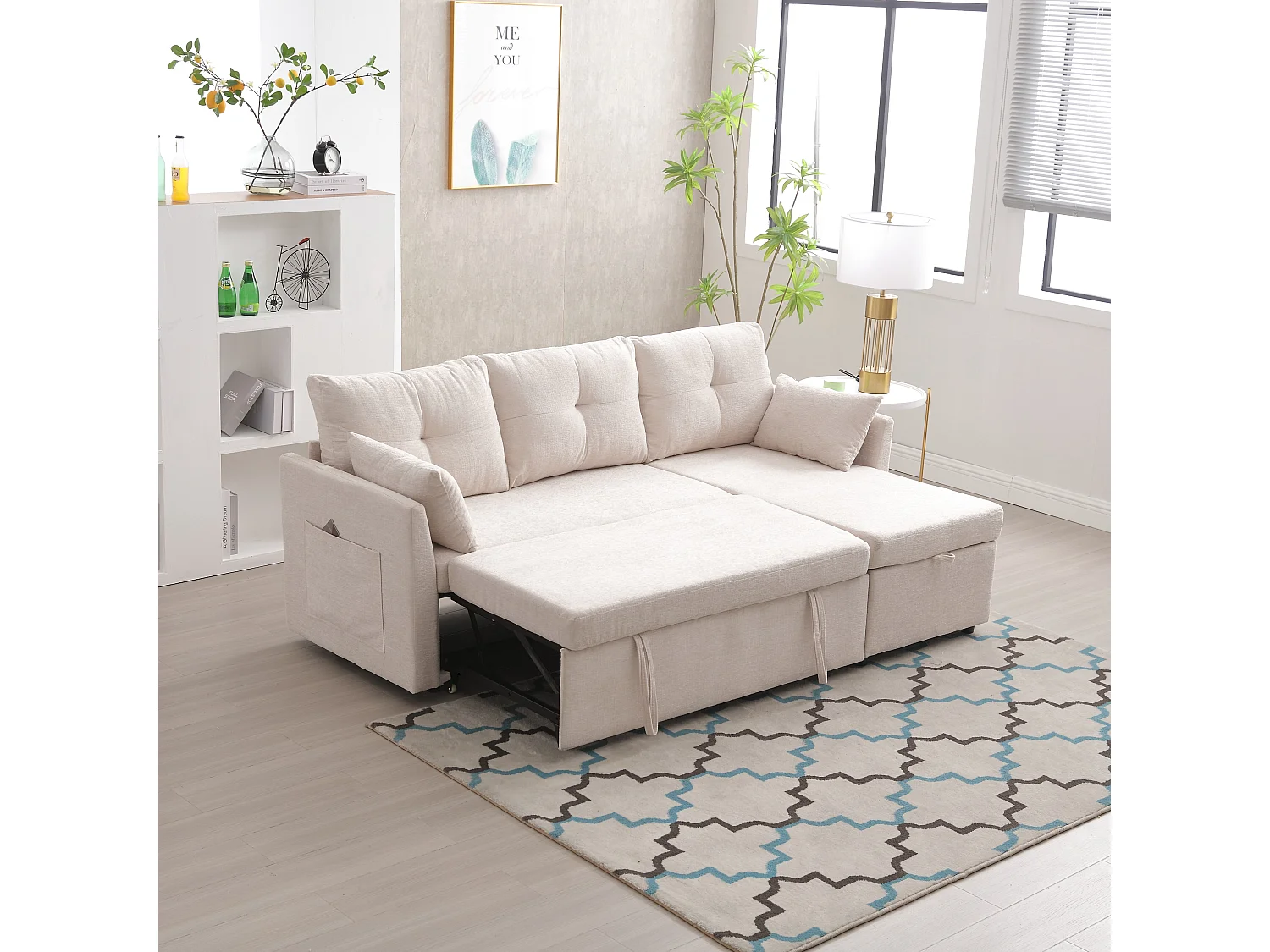 Canapé d'angle convertible avec rangement et méridienne gigogne, lin beige - pour salon ou studio