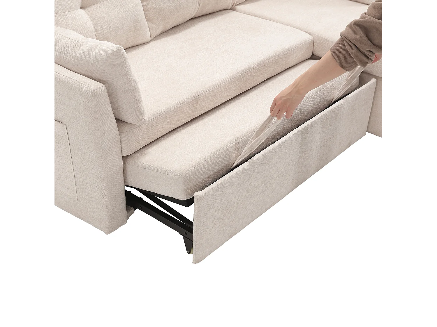 Canapé d'angle convertible avec rangement et méridienne gigogne, lin beige - pour salon ou studio