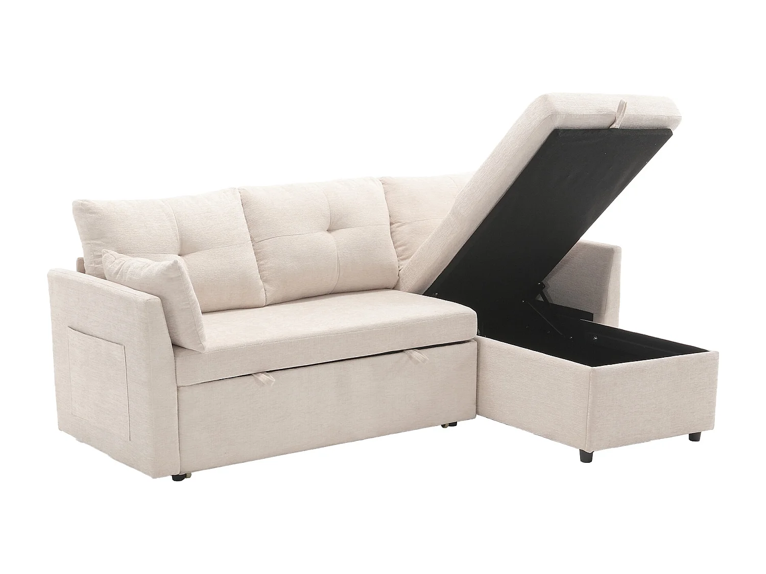 Canapé d'angle convertible avec rangement et méridienne gigogne, lin beige - pour salon ou studio