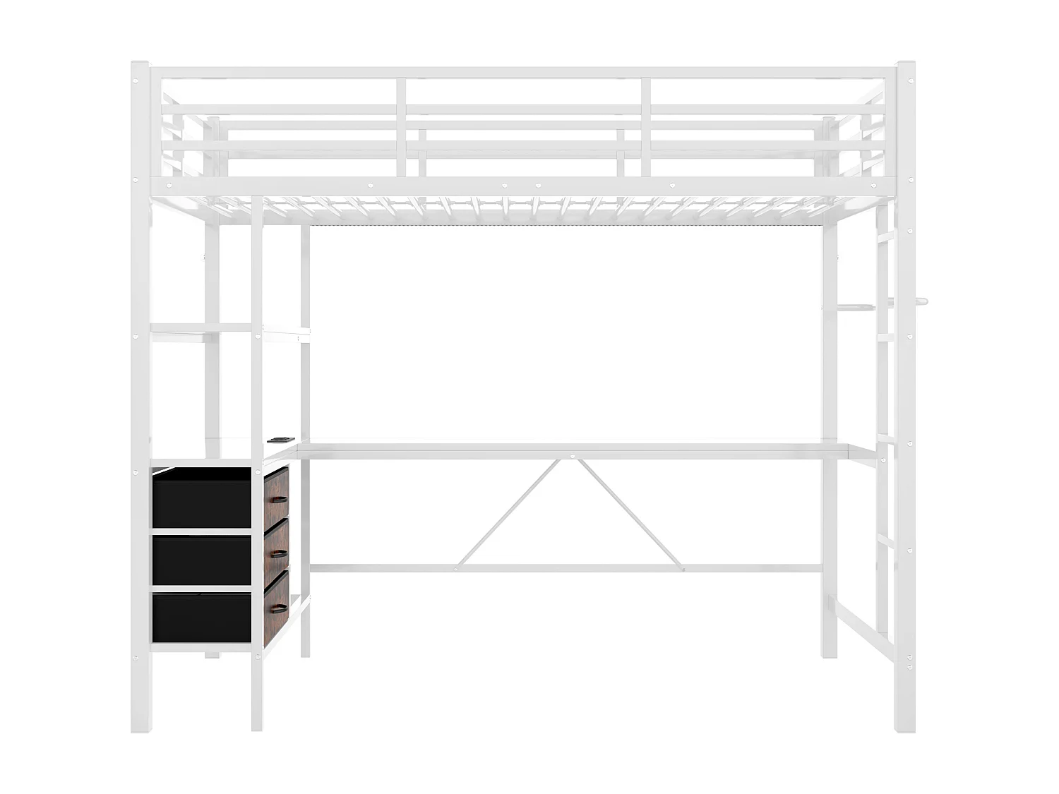 Hochbett 90 x 200 cm, weiß, Jugendbett mit Schreibtisch, 3 Schubladen, LED-Beleuchtung und USB-Anschluss – ohne Matratze