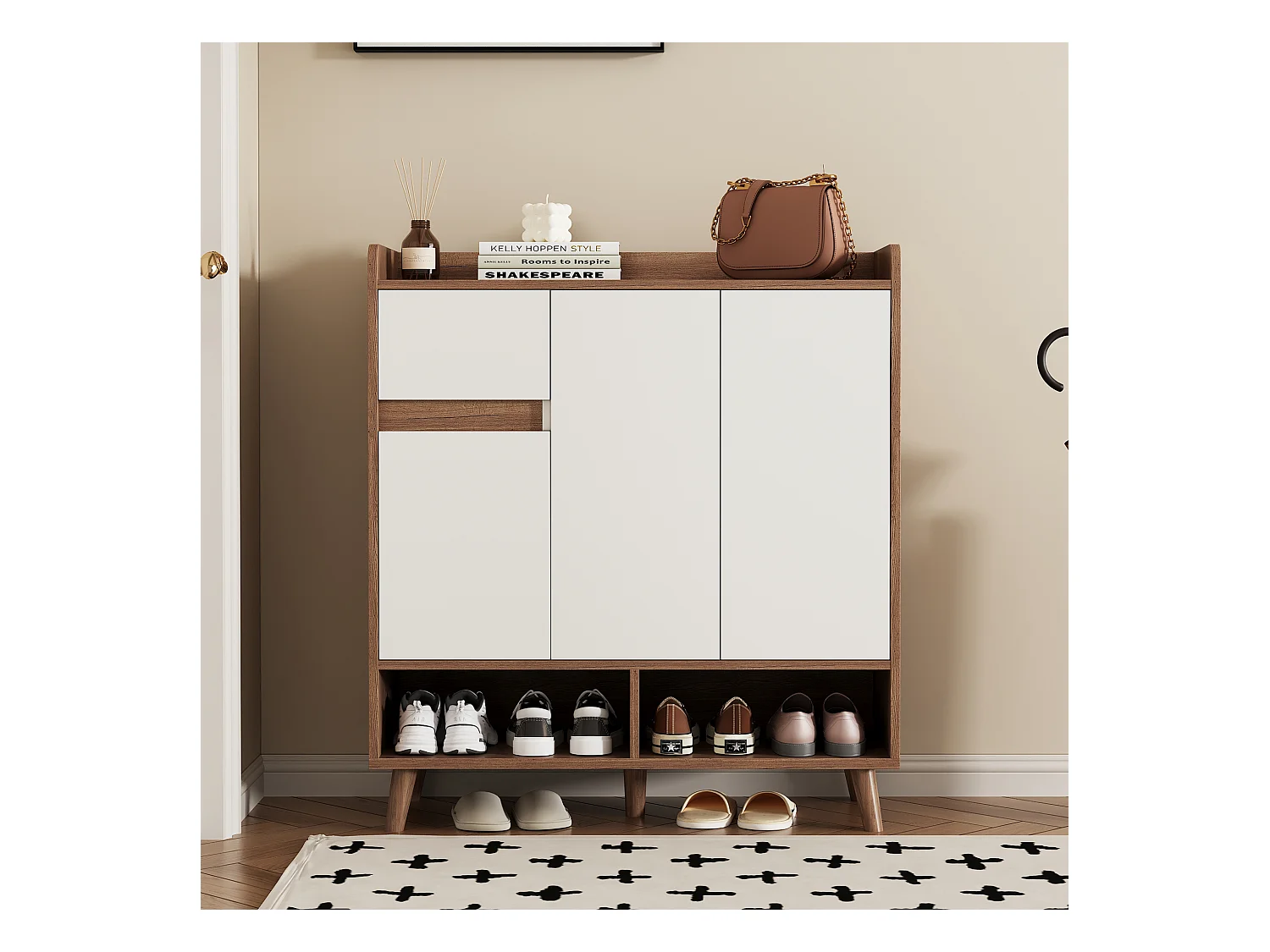 Meuble à chaussures d'entrée avec étagères réglables, 3 portes et 1 tiroir, pieds en bois - blanc et naturel