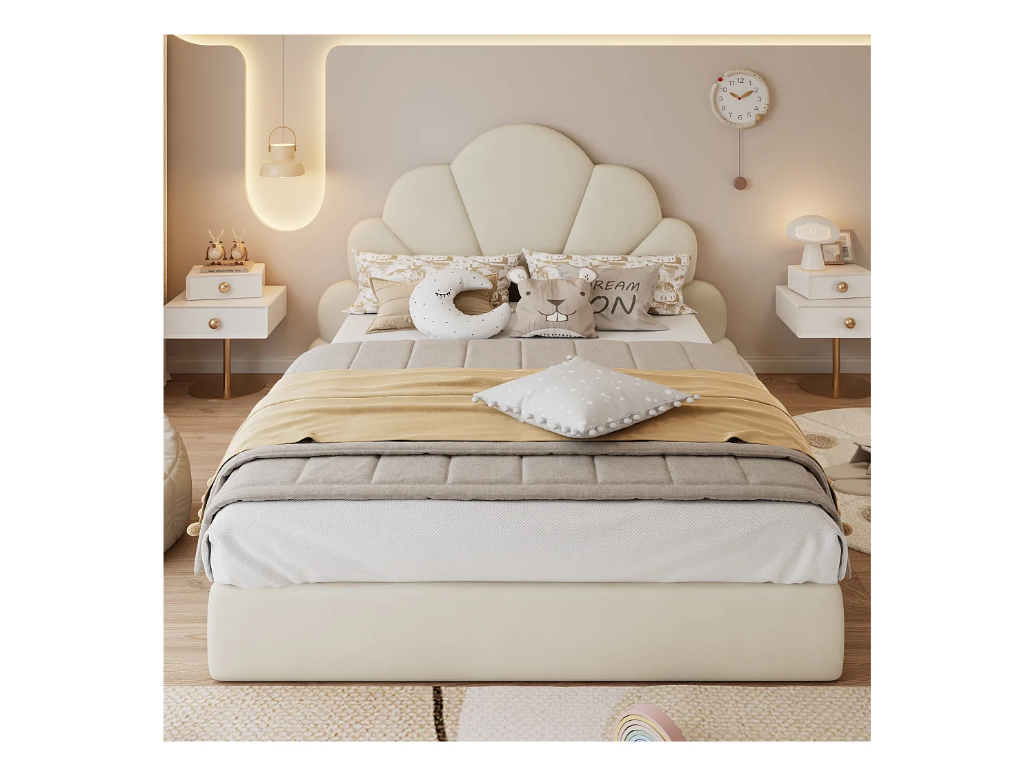 Beige fluwelen bed 140x200 cm, kinderbed met gebogen bloemenhoofdbord - zonder matras