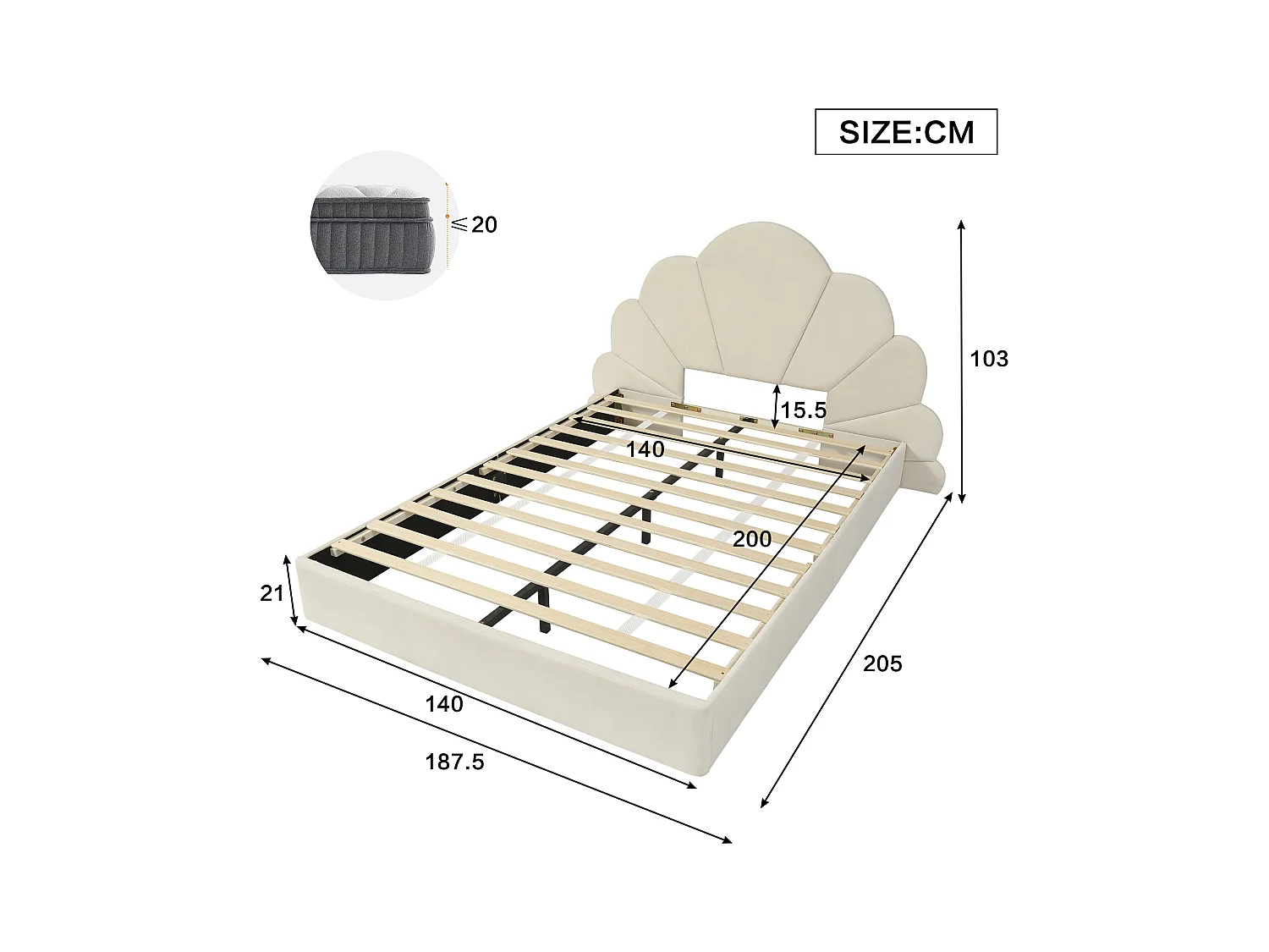 Beige fluwelen bed 140x200 cm, kinderbed met gebogen bloemenhoofdbord - zonder matras