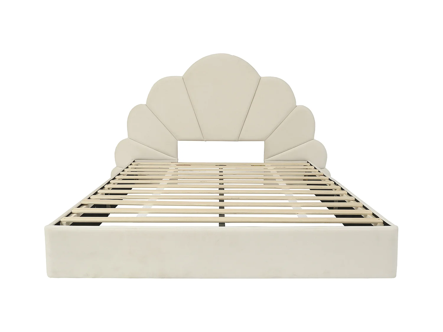 Beige fluwelen bed 140x200 cm, kinderbed met gebogen bloemenhoofdbord - zonder matras