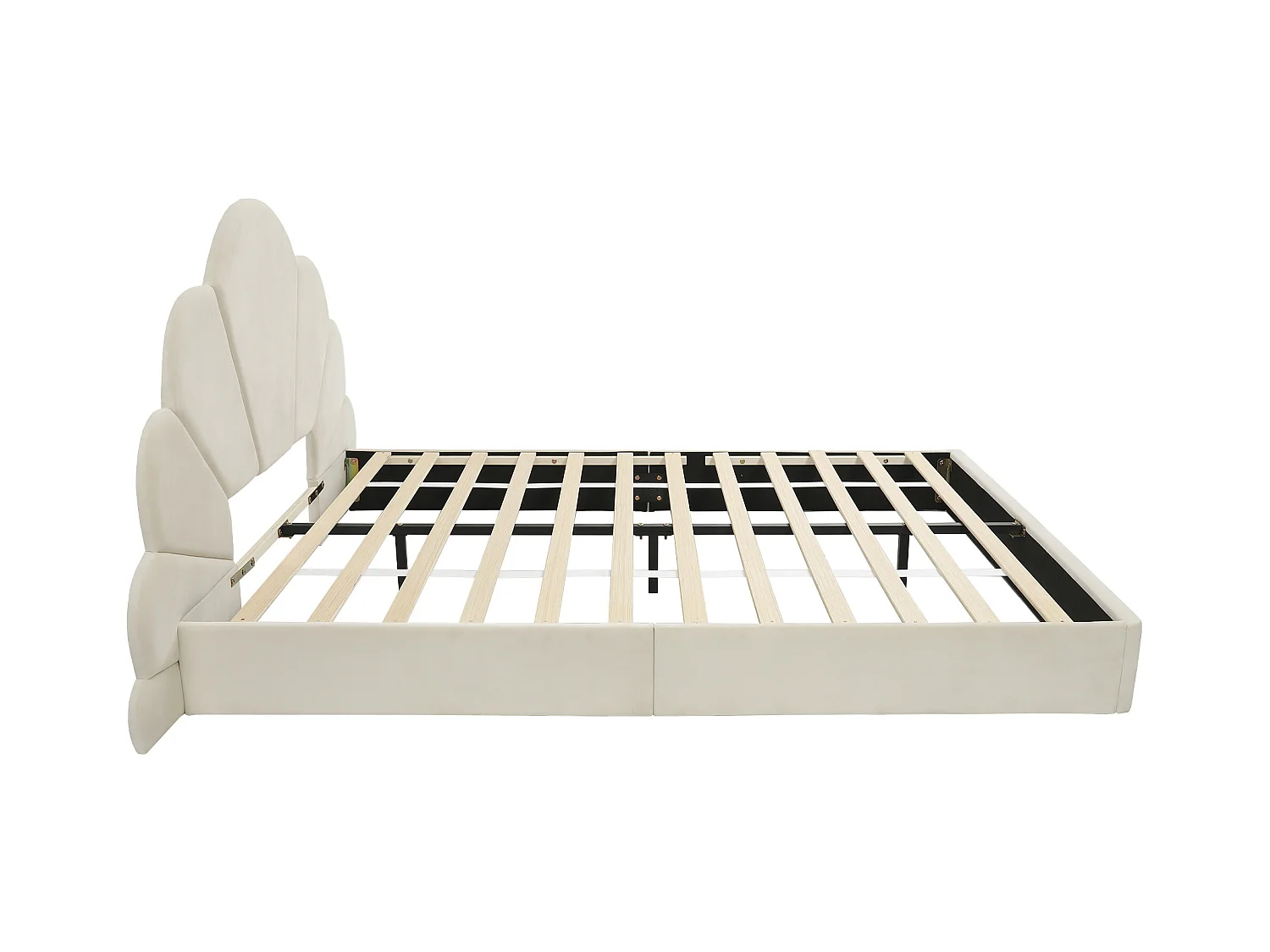 Beige fluwelen bed 140x200 cm, kinderbed met gebogen bloemenhoofdbord - zonder matras