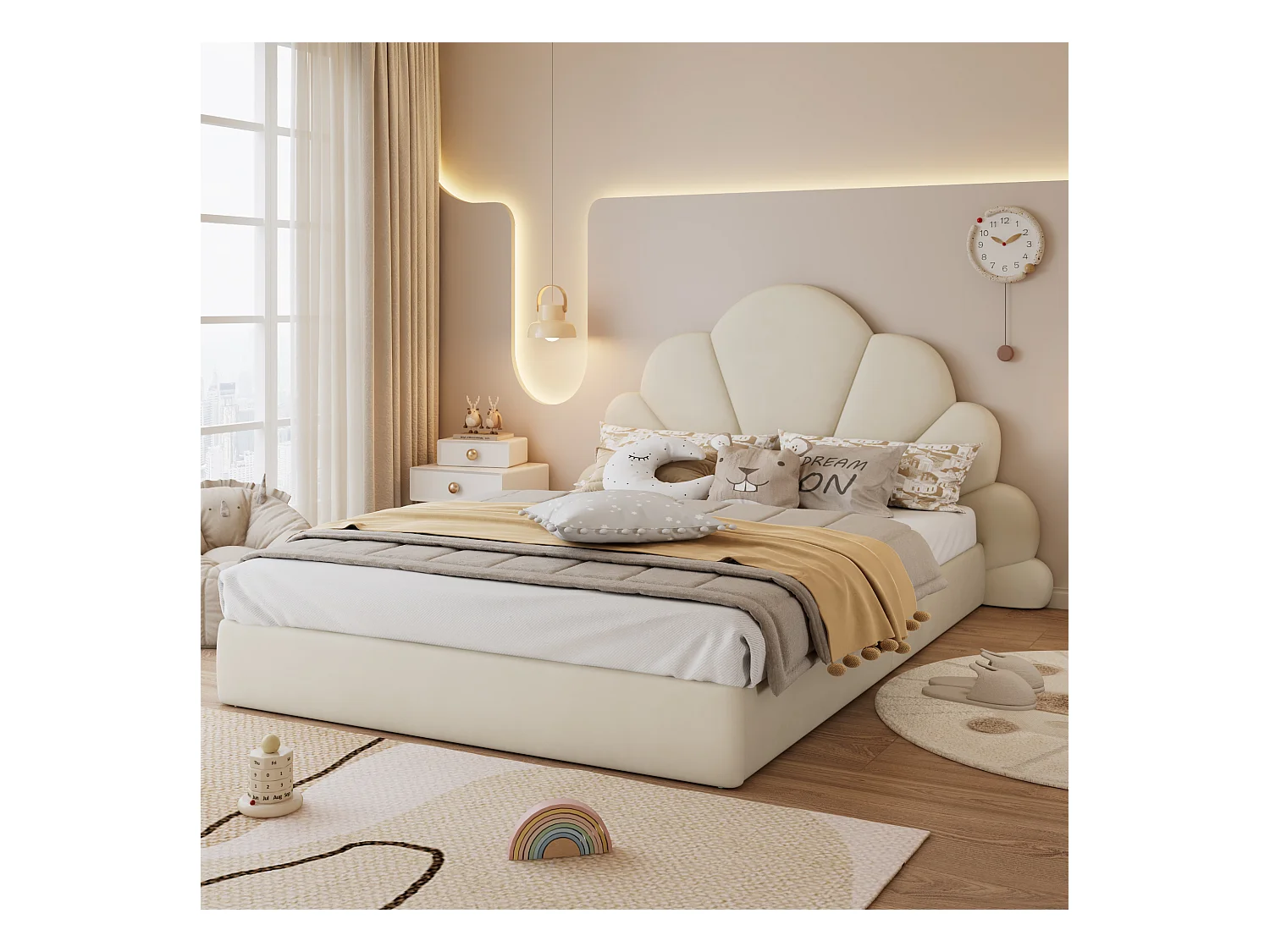 Lit 140x200 cm velours beige, Lit enfant avec tête de lit incurvée fleurie - sans matelas