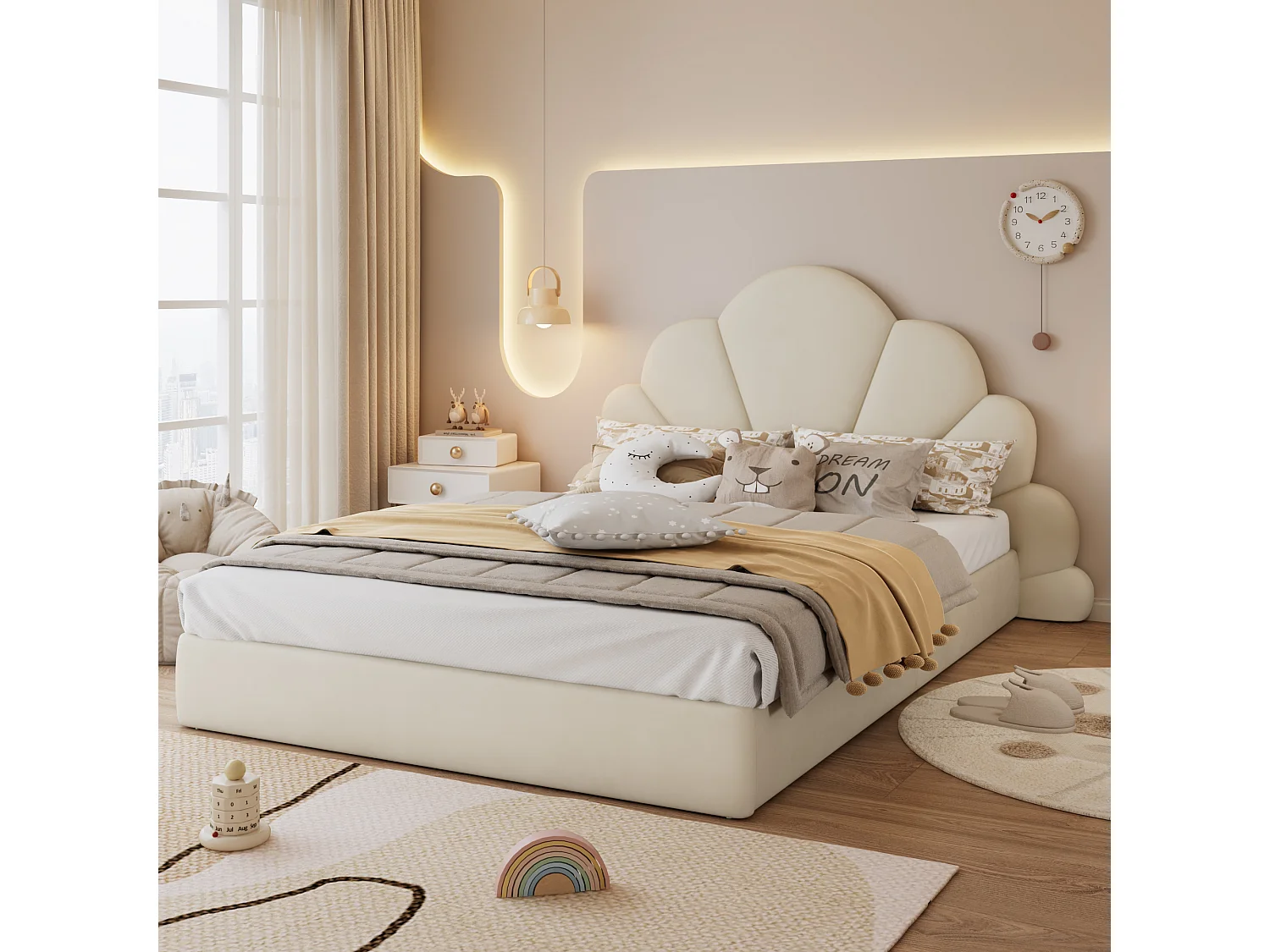 Lit 140x200 cm velours beige, Lit enfant avec tête de lit incurvée fleurie - sans matelas