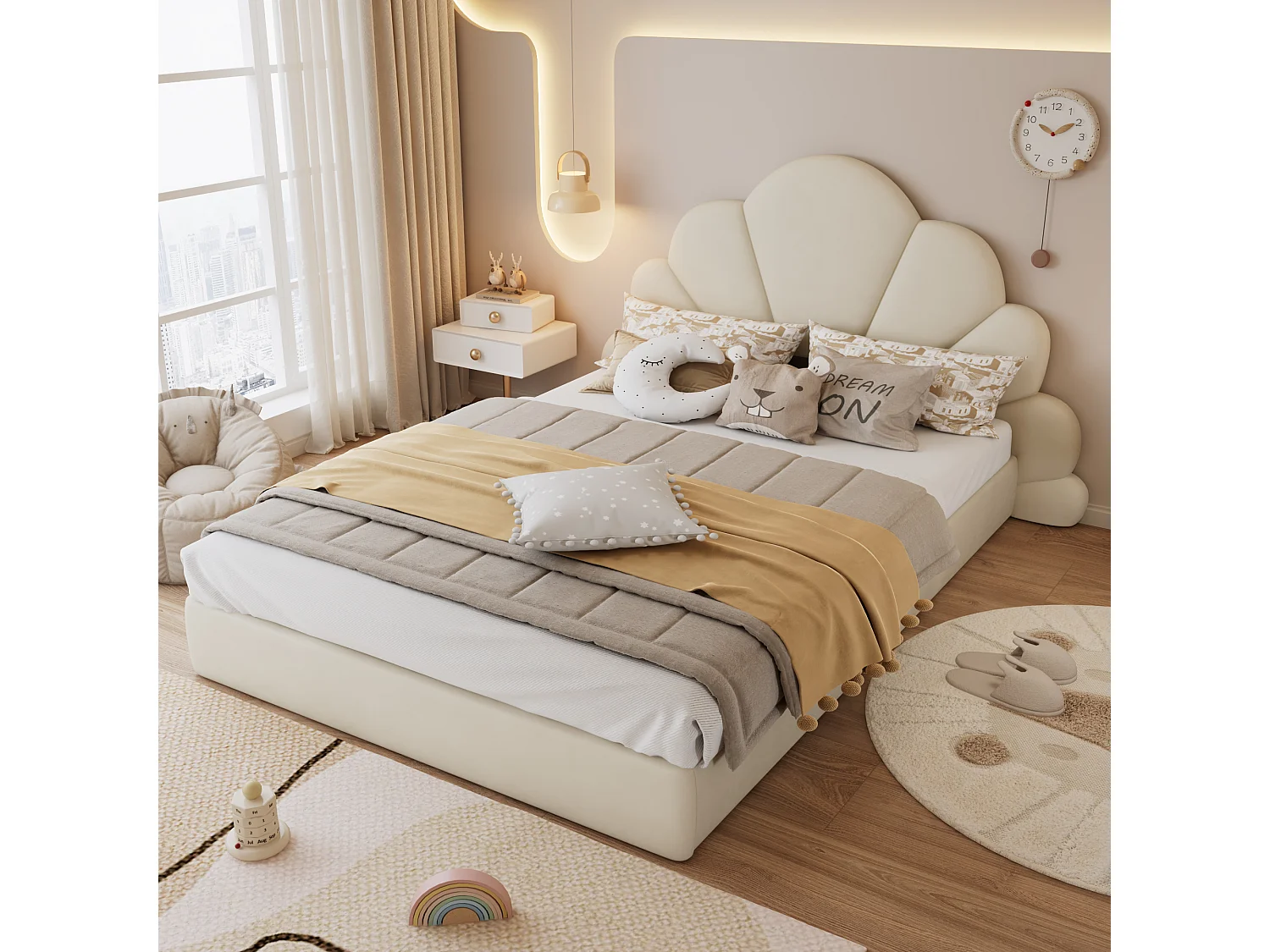 Lit 140x200 cm velours beige, Lit enfant avec tête de lit incurvée fleurie - sans matelas