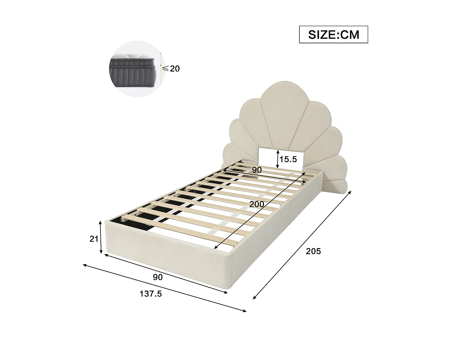 Lit 90x200 cm velours beige, Lit enfant avec tête de lit incurvée fleurie - sans matelas