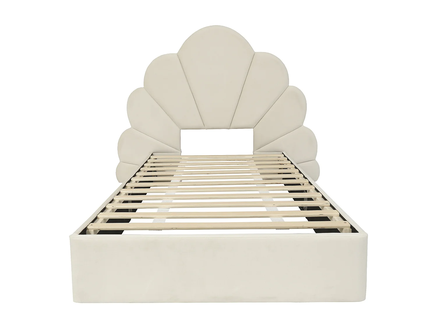Lit 90x200 cm velours beige, Lit enfant avec tête de lit incurvée fleurie - sans matelas