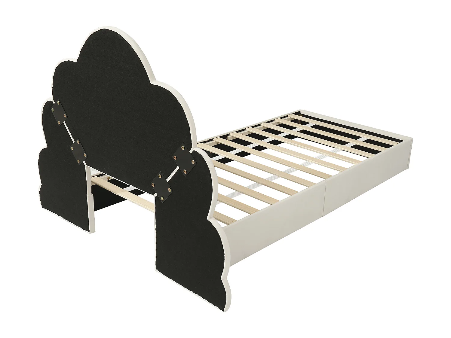 Lit 90x200 cm velours beige, Lit enfant avec tête de lit incurvée fleurie - sans matelas