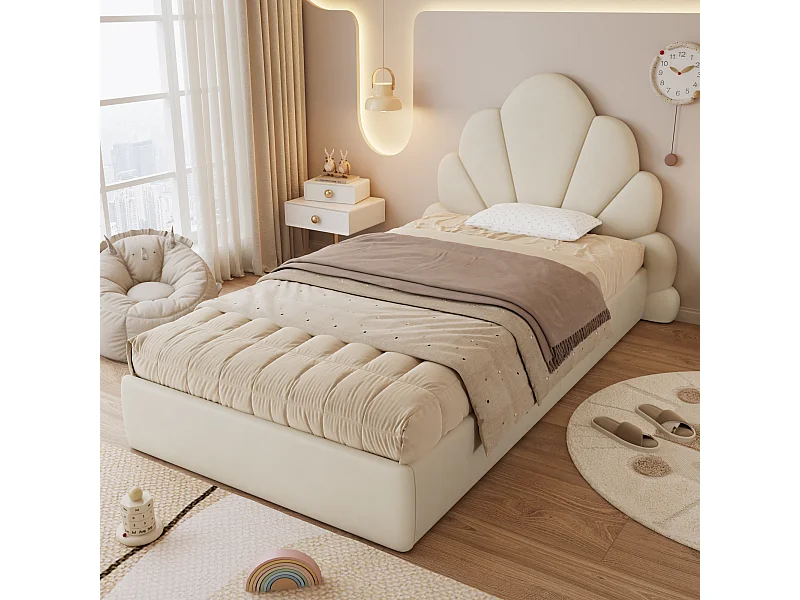 Lit 90x200 cm velours beige, Lit enfant avec tête de lit incurvée fleurie - sans matelas