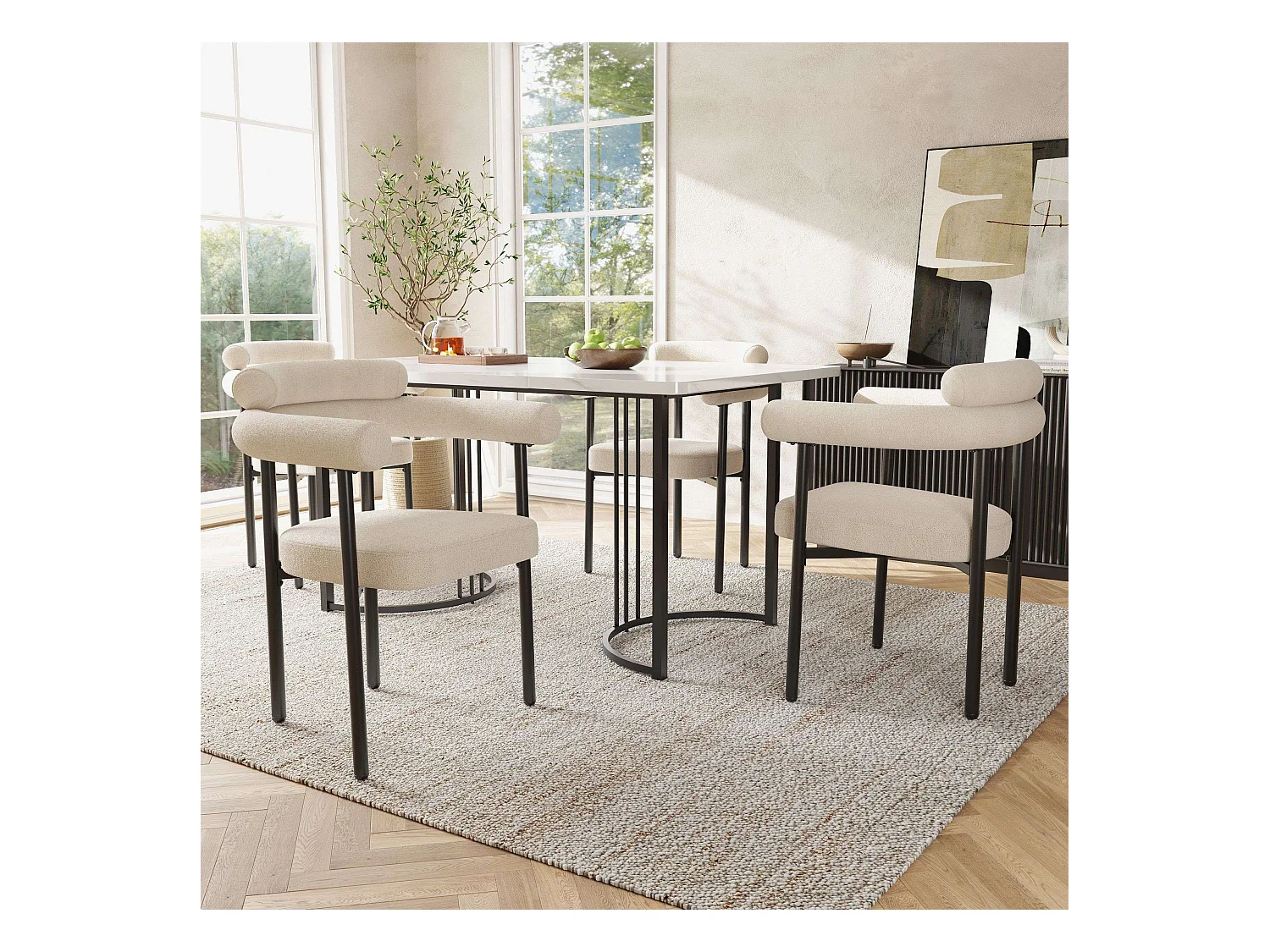Lot de 4 salle à manger, peluche beige, dossier ergonomique, pieds en métal noir - pour salle à manger ou salon
