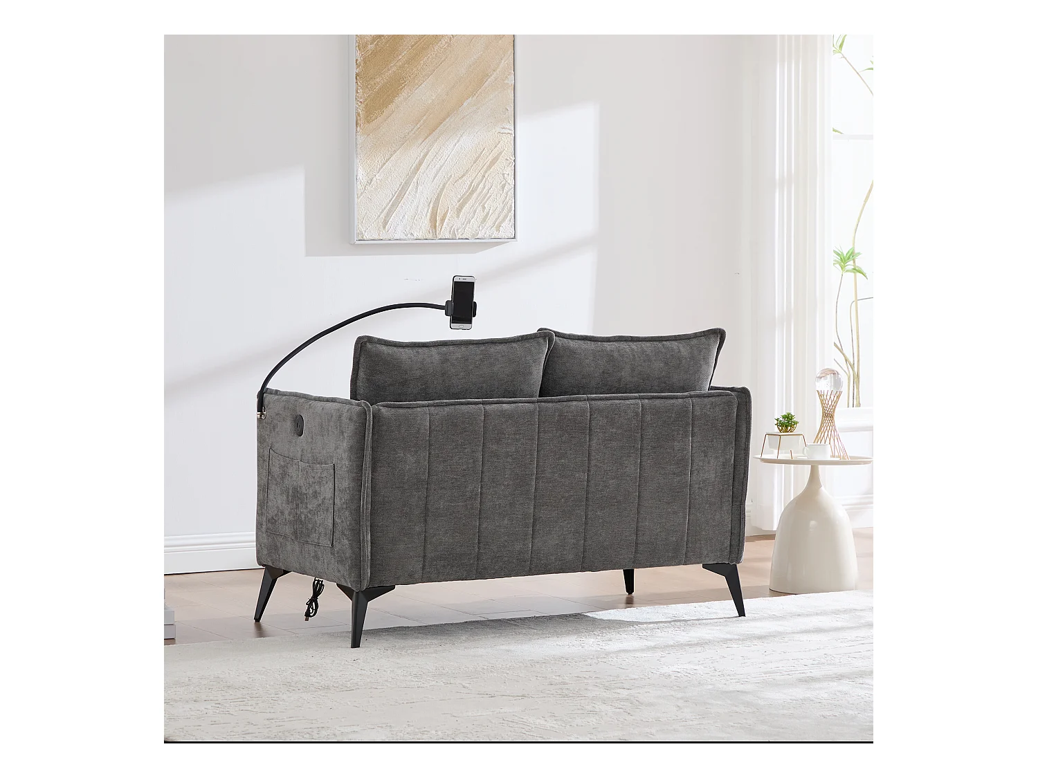 Canapé 2 places avec poches latérales, port de charge et support de téléphone, chenille gris - pour salon et chambre