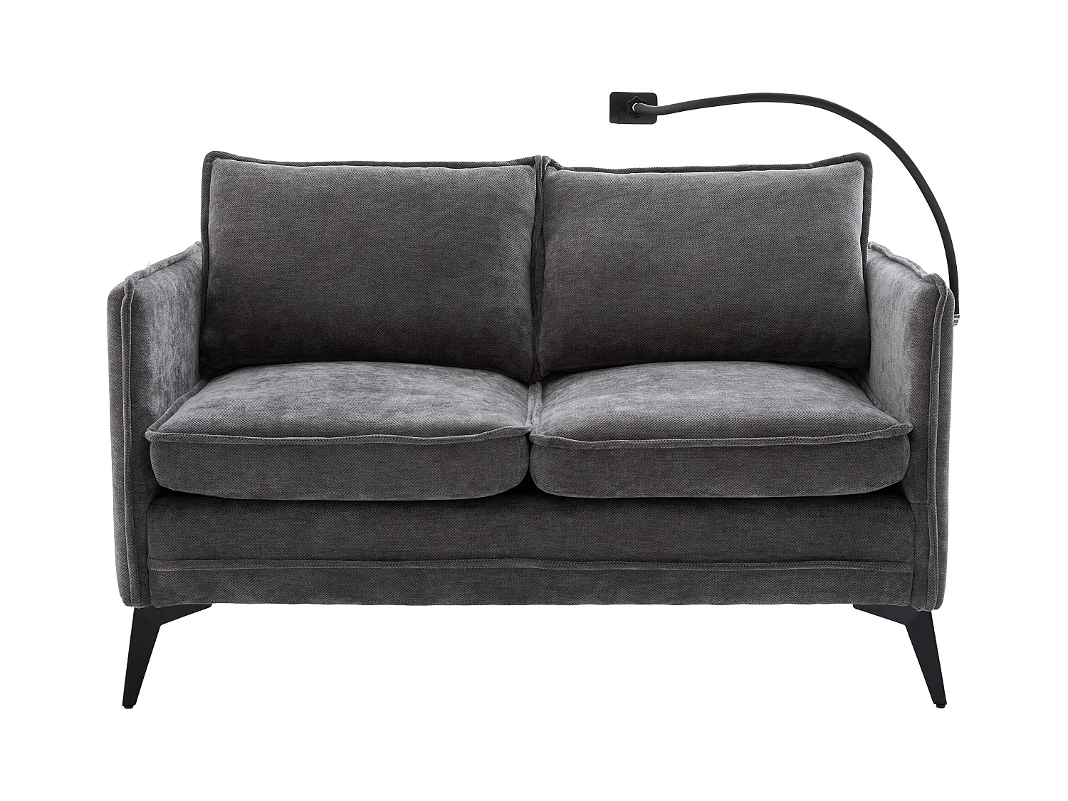 Canapé 2 places avec poches latérales, port de charge et support de téléphone, chenille gris - pour salon et chambre