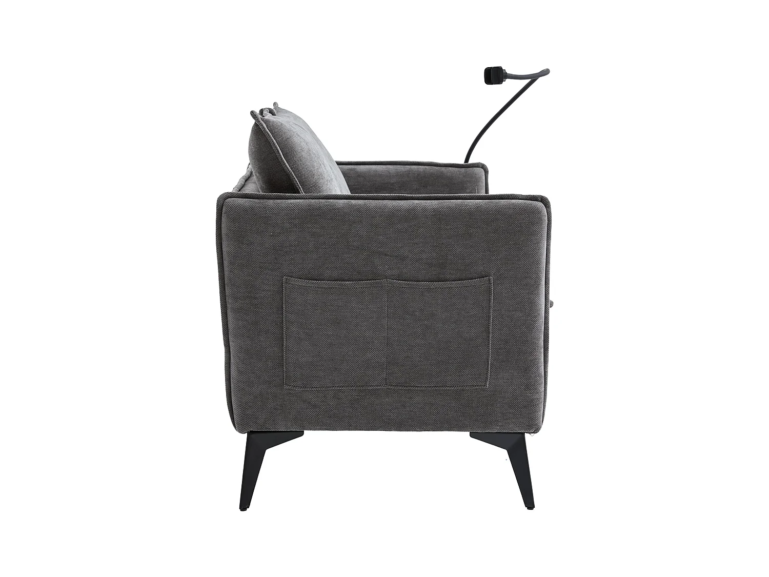 Canapé 2 places avec poches latérales, port de charge et support de téléphone, chenille gris - pour salon et chambre