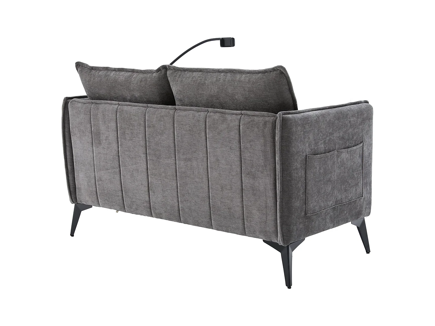 Canapé 2 places avec poches latérales, port de charge et support de téléphone, chenille gris - pour salon et chambre