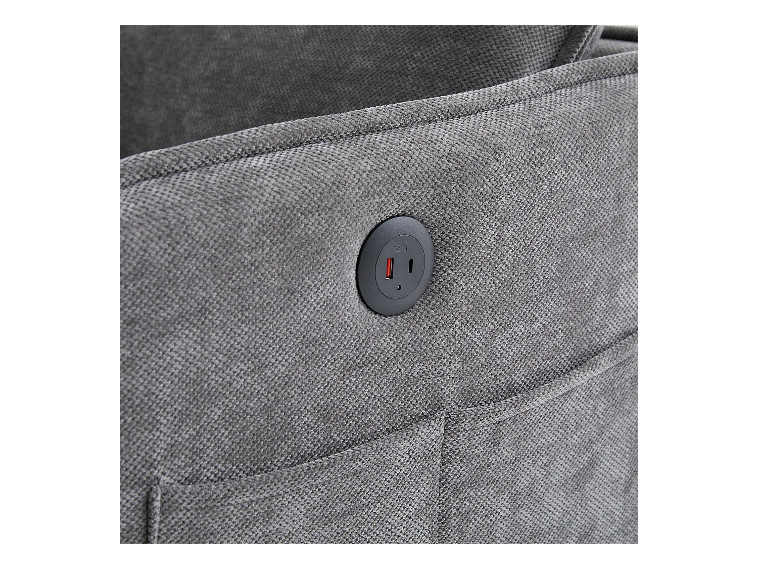 Canapé 2 places avec poches latérales, port de charge et support de téléphone, chenille gris - pour salon et chambre