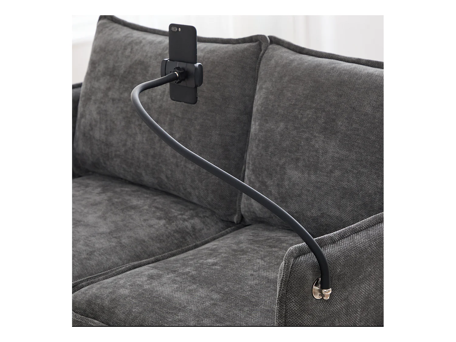 Canapé 2 places avec poches latérales, port de charge et support de téléphone, chenille gris - pour salon et chambre