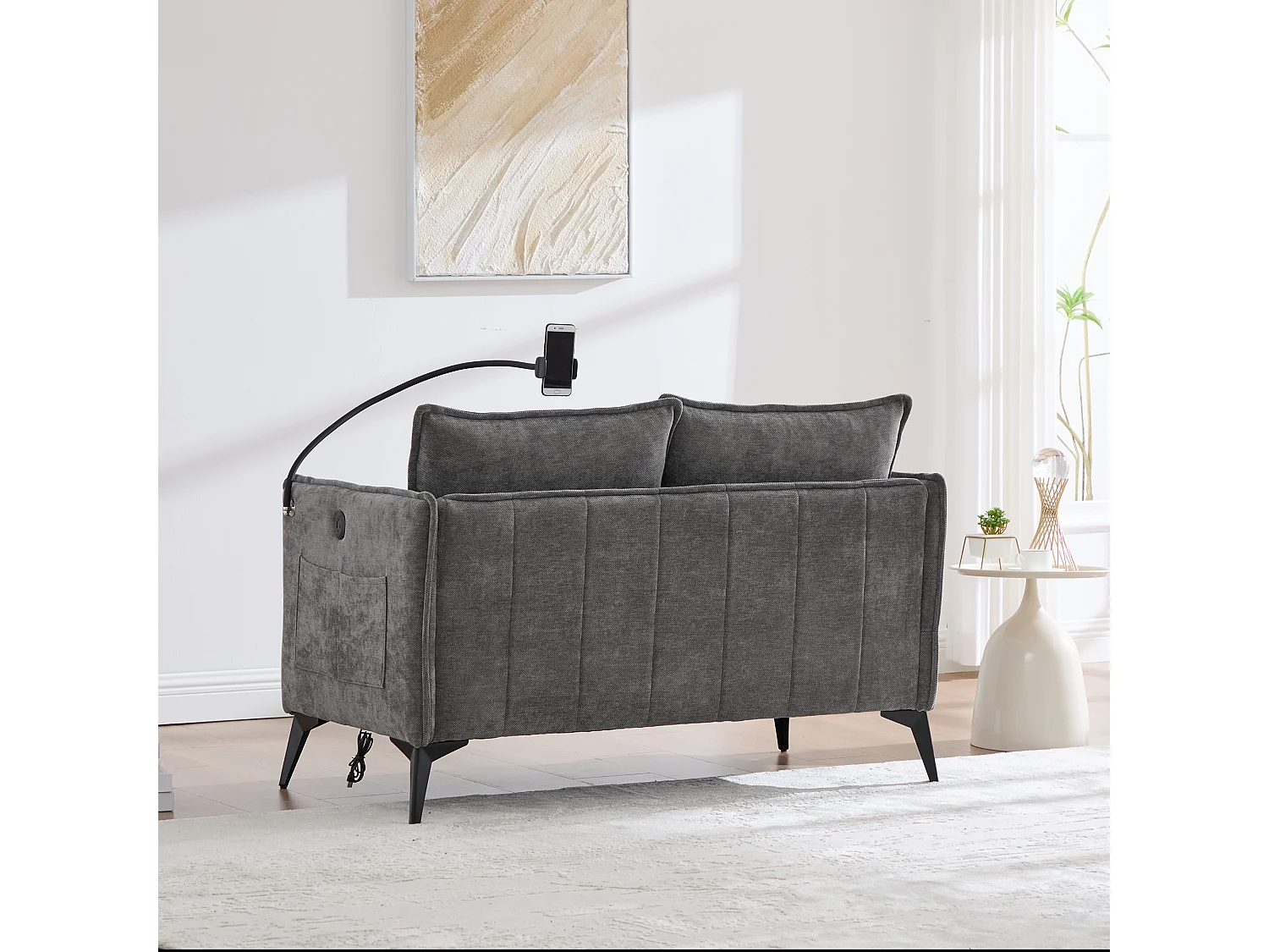 Canapé 2 places avec poches latérales, port de charge et support de téléphone, chenille gris - pour salon et chambre
