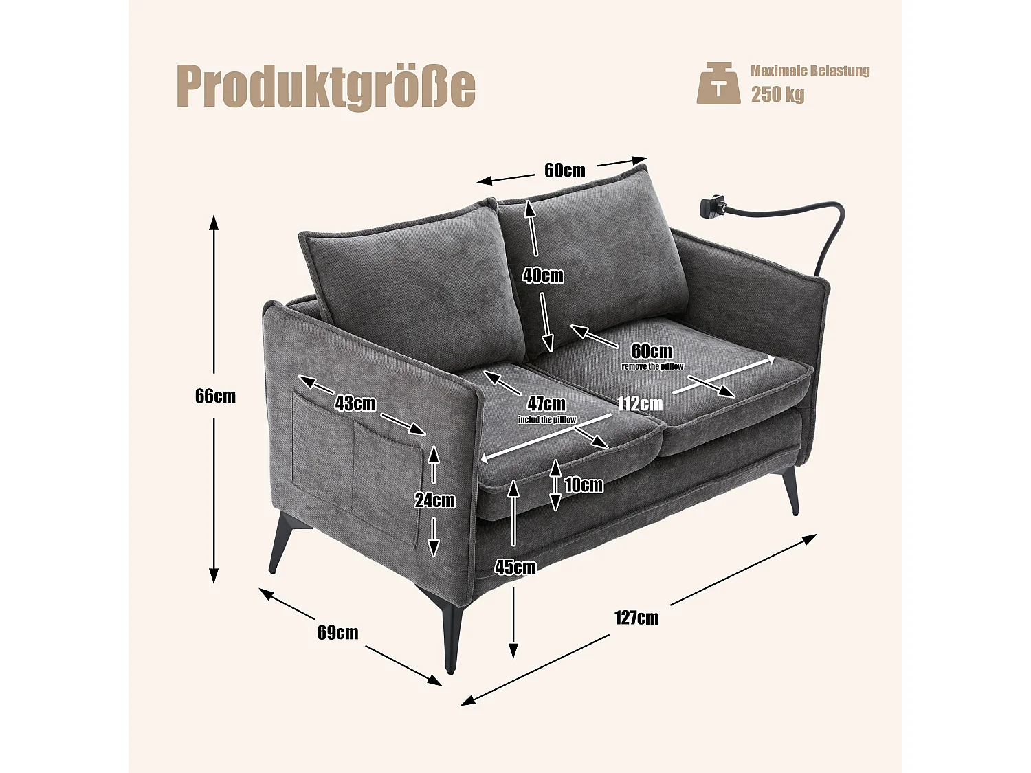 Canapé 2 places avec poches latérales, port de charge et support de téléphone, chenille gris - pour salon et chambre