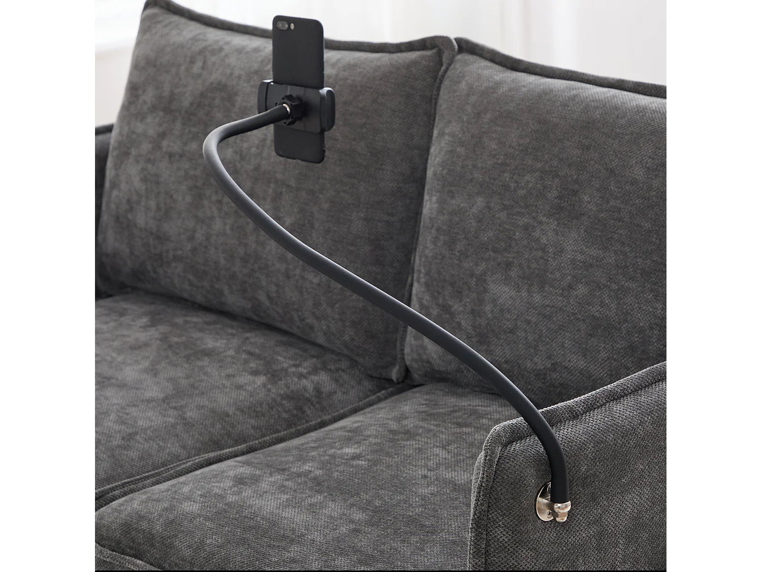 Canapé 2 places avec poches latérales, port de charge et support de téléphone, chenille gris - pour salon et chambre