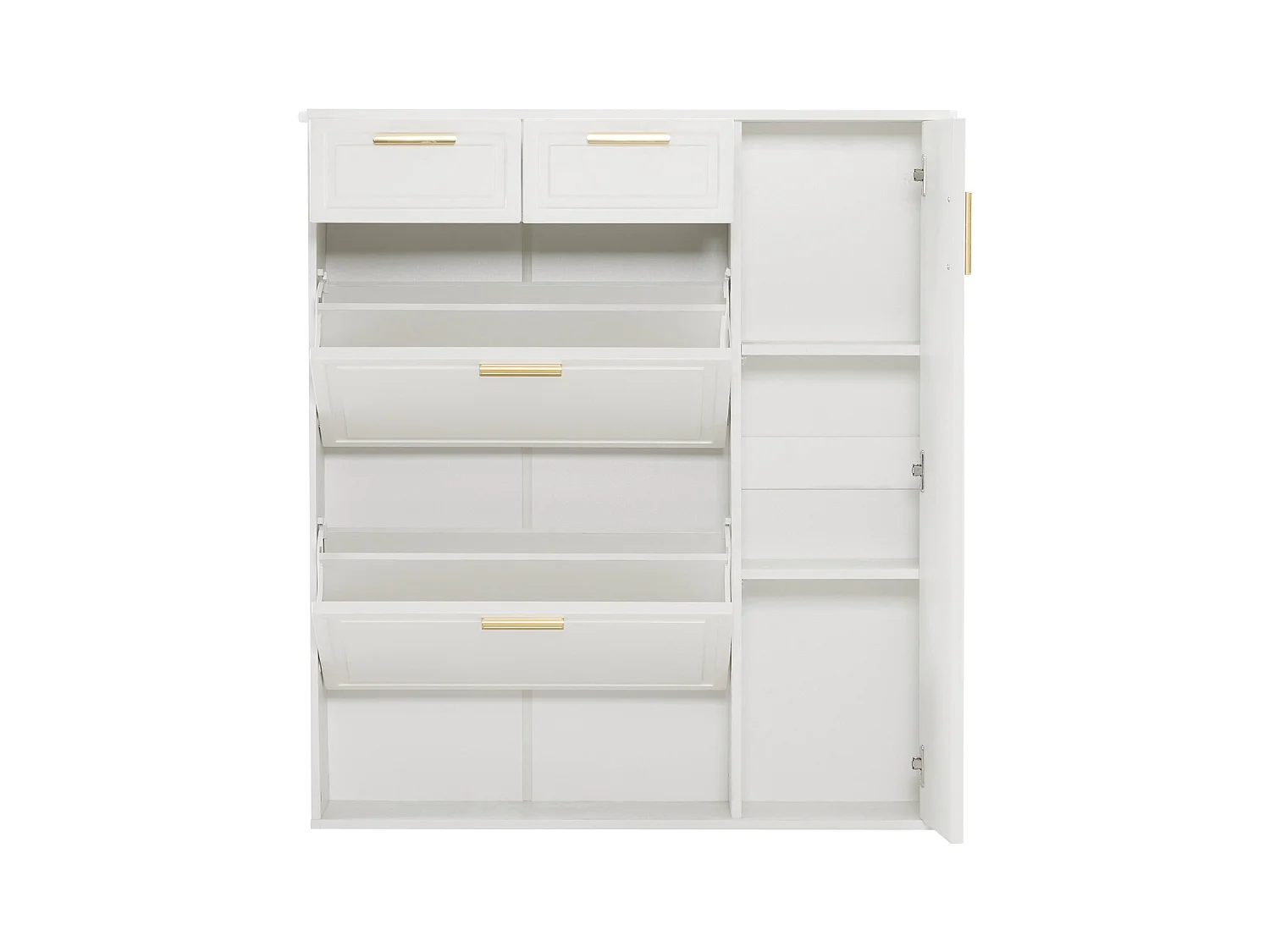 Meuble à chaussures blanc avec étagères réglables, tiroirs et portes, poignées dorées - pour entrée