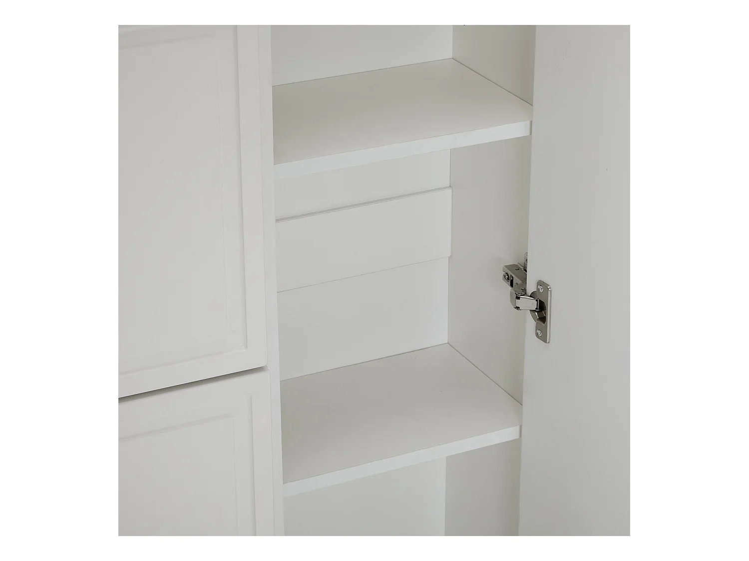 Meuble à chaussures blanc avec étagères réglables, tiroirs et portes, poignées dorées - pour entrée