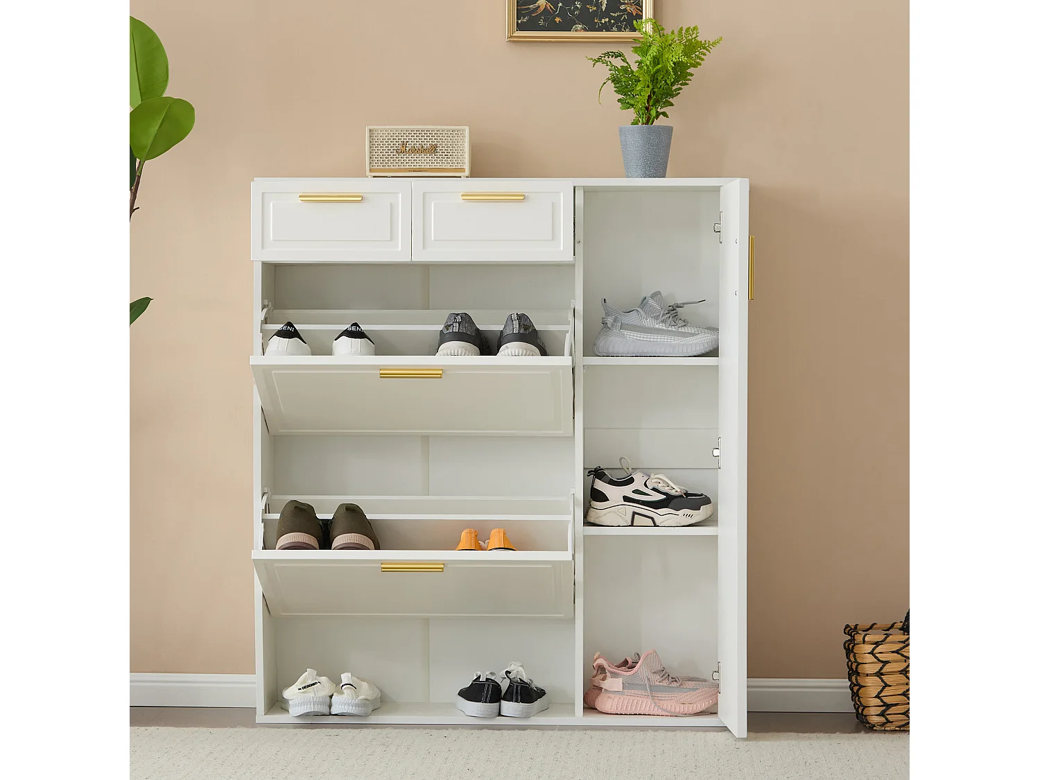 Meuble à chaussures blanc avec étagères réglables, tiroirs et portes, poignées dorées - pour entrée