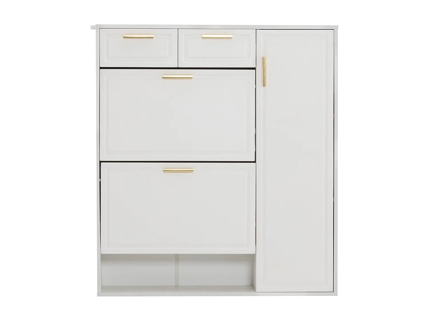 Meuble à chaussures blanc avec étagères réglables, tiroirs et portes, poignées dorées - pour entrée