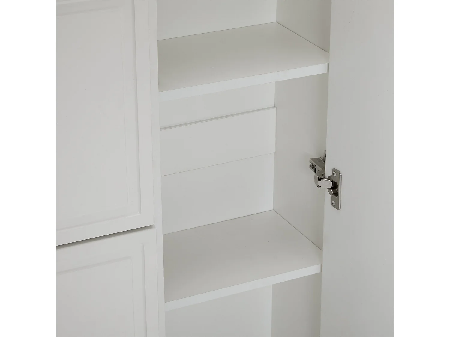 Meuble à chaussures blanc avec étagères réglables, tiroirs et portes, poignées dorées - pour entrée