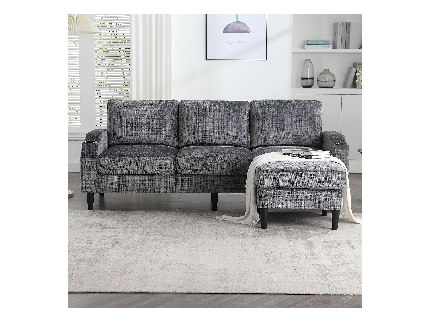 Canapé 4 places modulable, Chenille gris, avec pouf de rangement, porte-gobelets et poches latérales - pour salon
