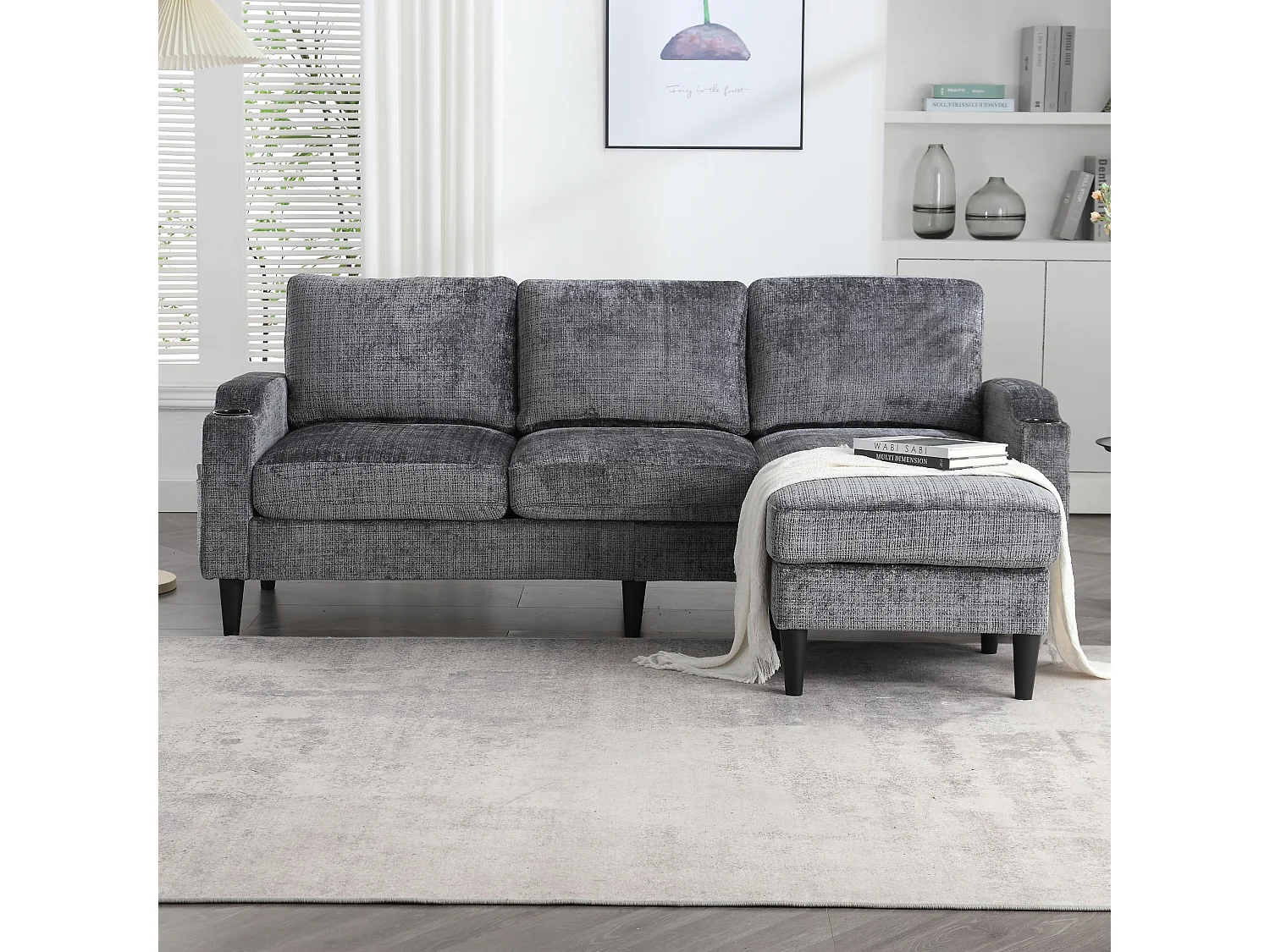 Divano modulare a 4 posti in ciniglia grigia con pouf contenitore, portabicchieri e tasche laterali - per soggiorno