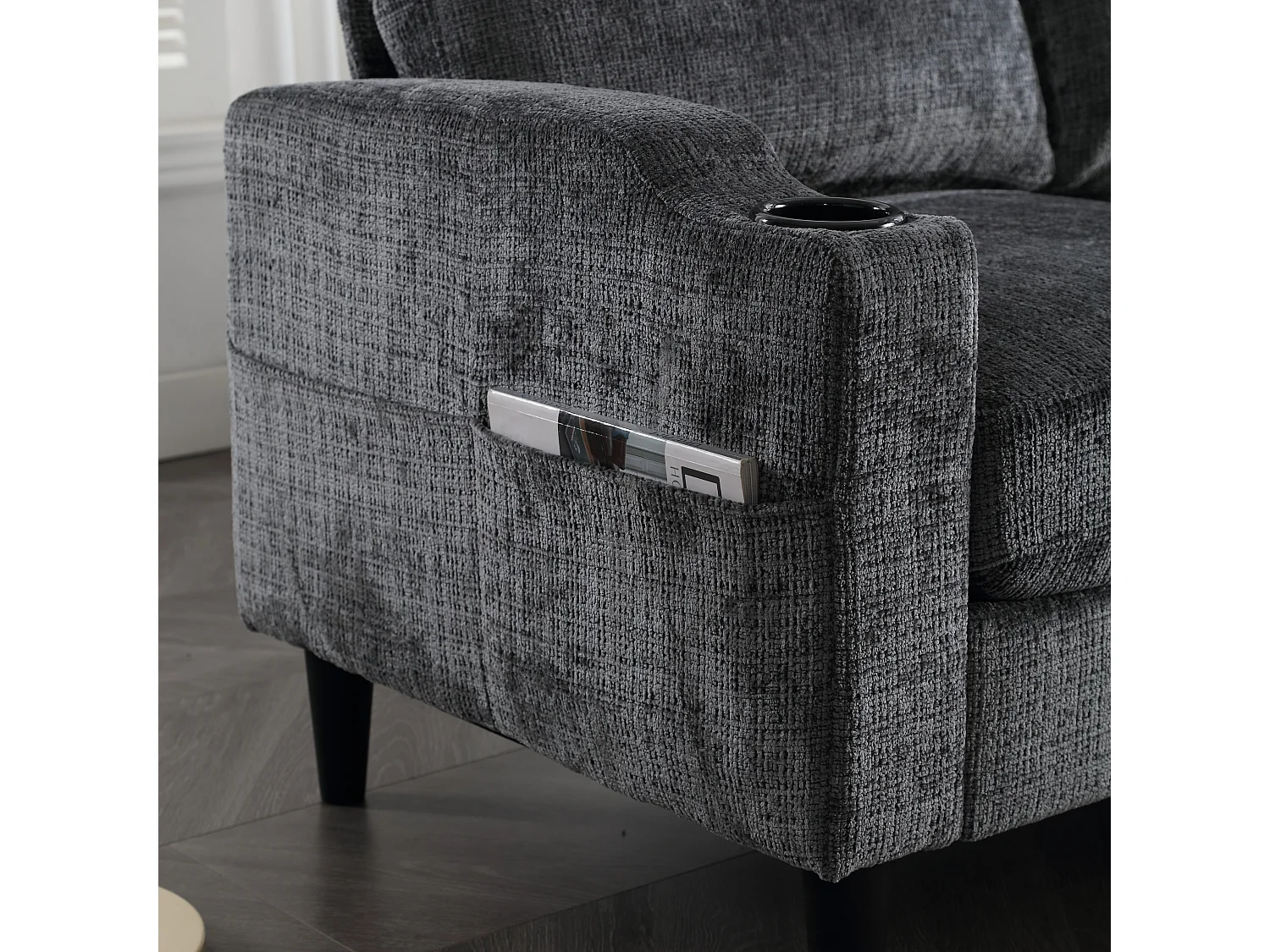 Divano modulare a 4 posti in ciniglia grigia con pouf contenitore, portabicchieri e tasche laterali - per soggiorno