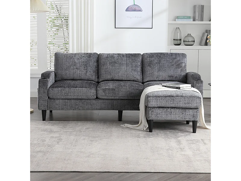 Grijze Chenille 4-zits modulaire bank met opbergpoef, bekerhouders en zijzakken - voor de woonkamer