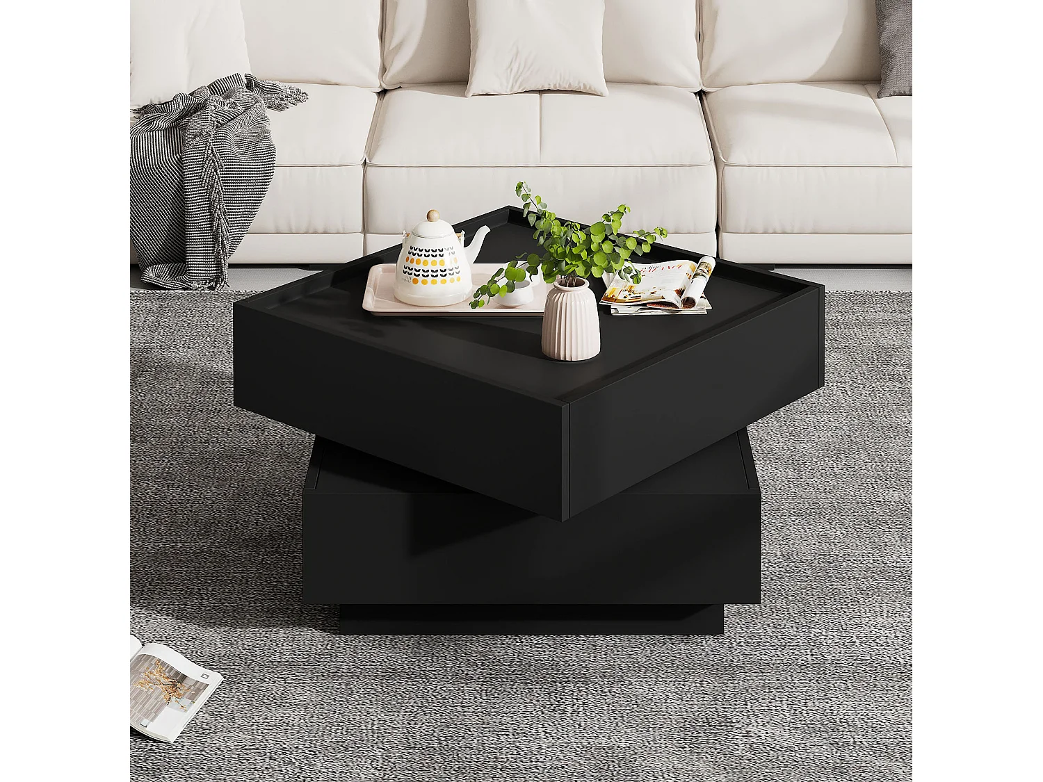 Table basse carrée avec plateau pivotant, 2 tiroirs rangements, noir - pour salon ou chambre
