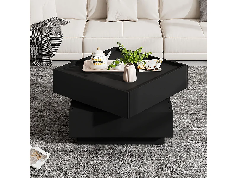 Table basse carrée avec plateau pivotant, 2 tiroirs rangements, noir - pour salon ou chambre